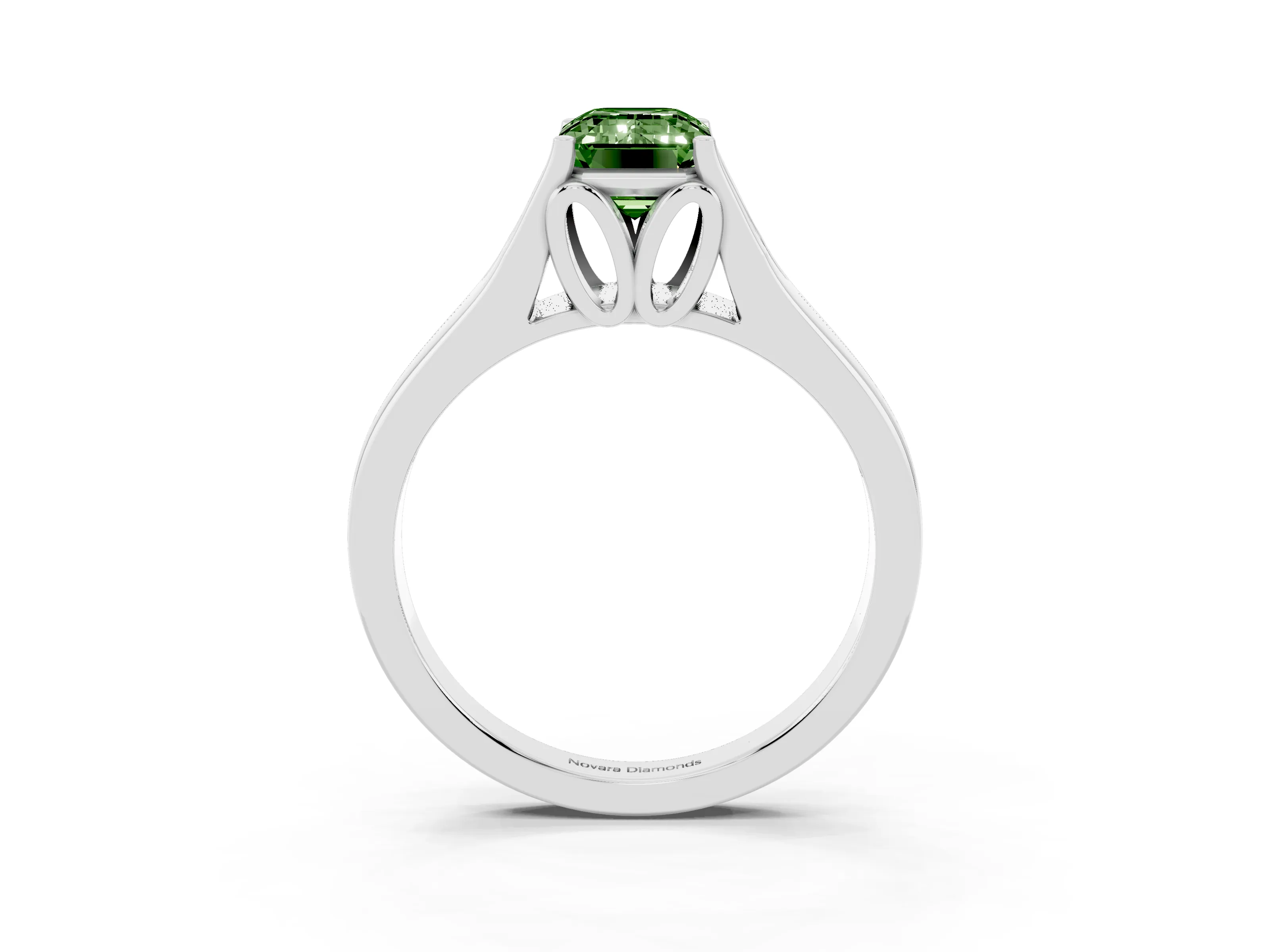 Fancy Green Emerald Cut Diamond Solitaire Ring Set in White gold with Arched Cathedral Band and Prong Setting