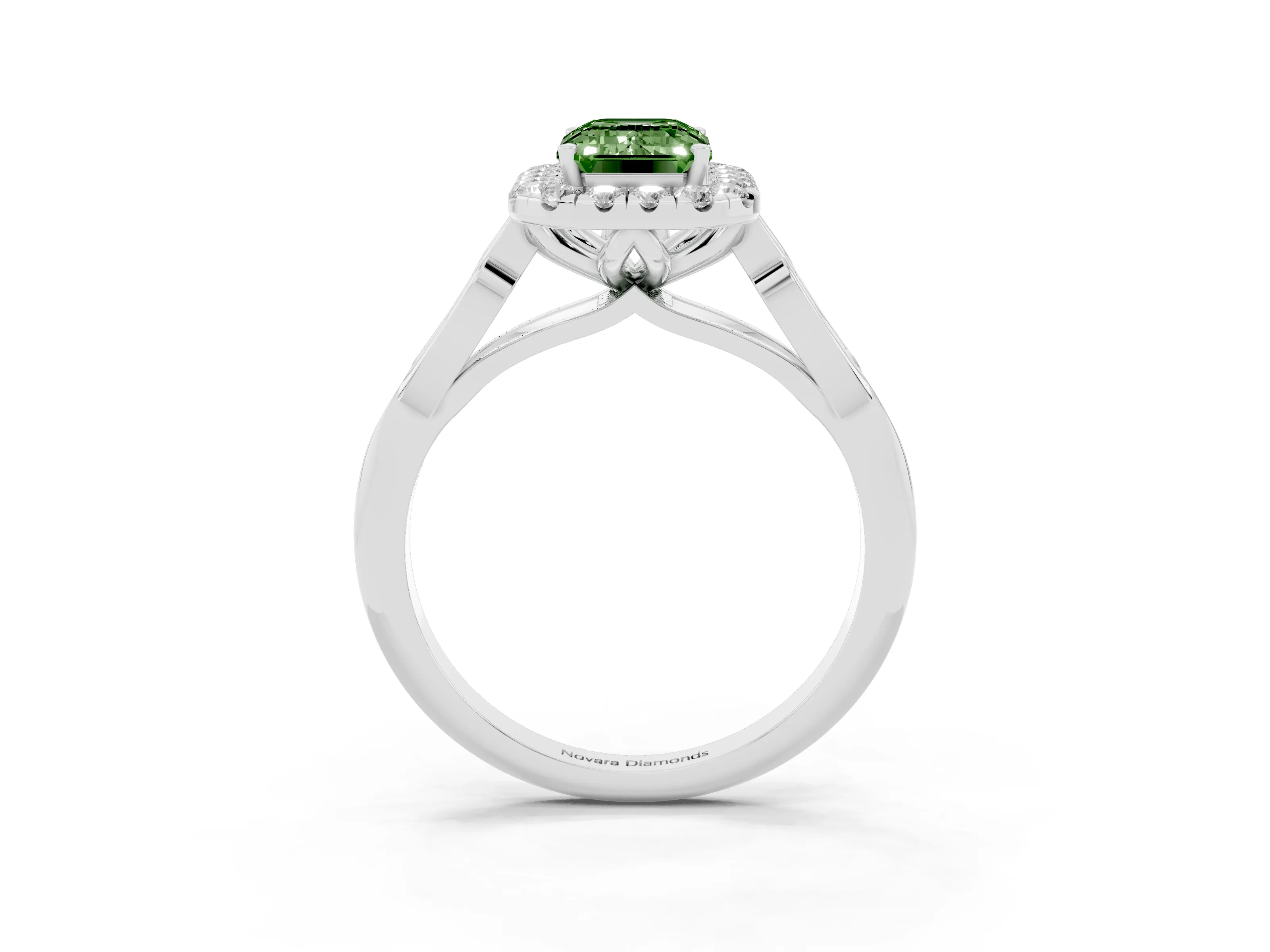 Fancy Green Emerald Cut Diamond Halo Engagement Ring Set in Platinum with Filigree Band and Prong-Set Center