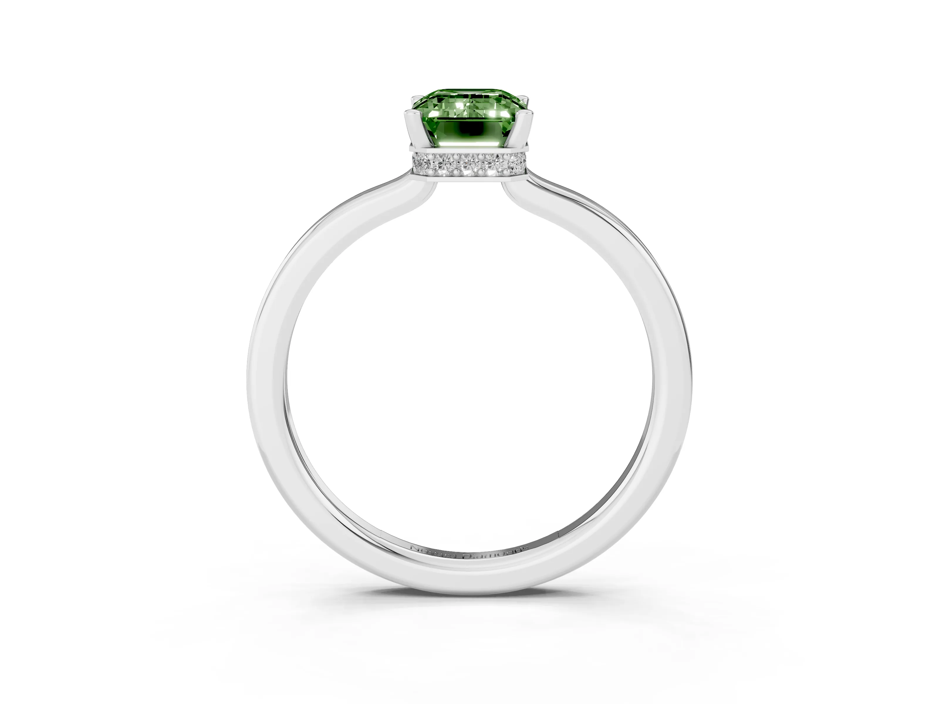 Fancy Green Emerald Cut Diamond Solitaire Engagement Ring Set in Platinum with Prong Setting on a Plain Band