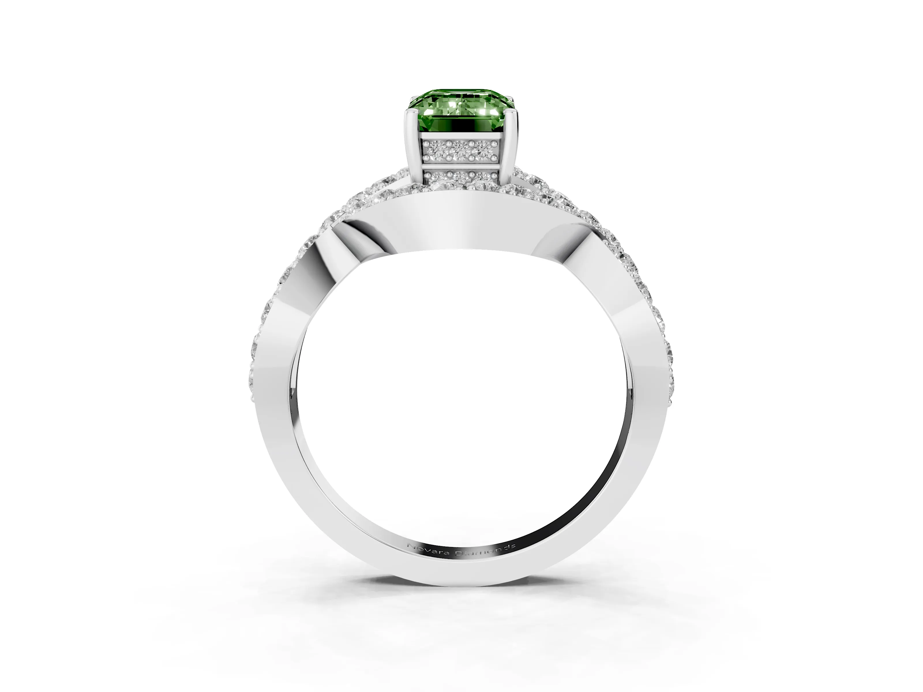 Fancy Green Emerald Cut Diamond Solitaire Twist Band Pavé Engagement Ring Set in White gold