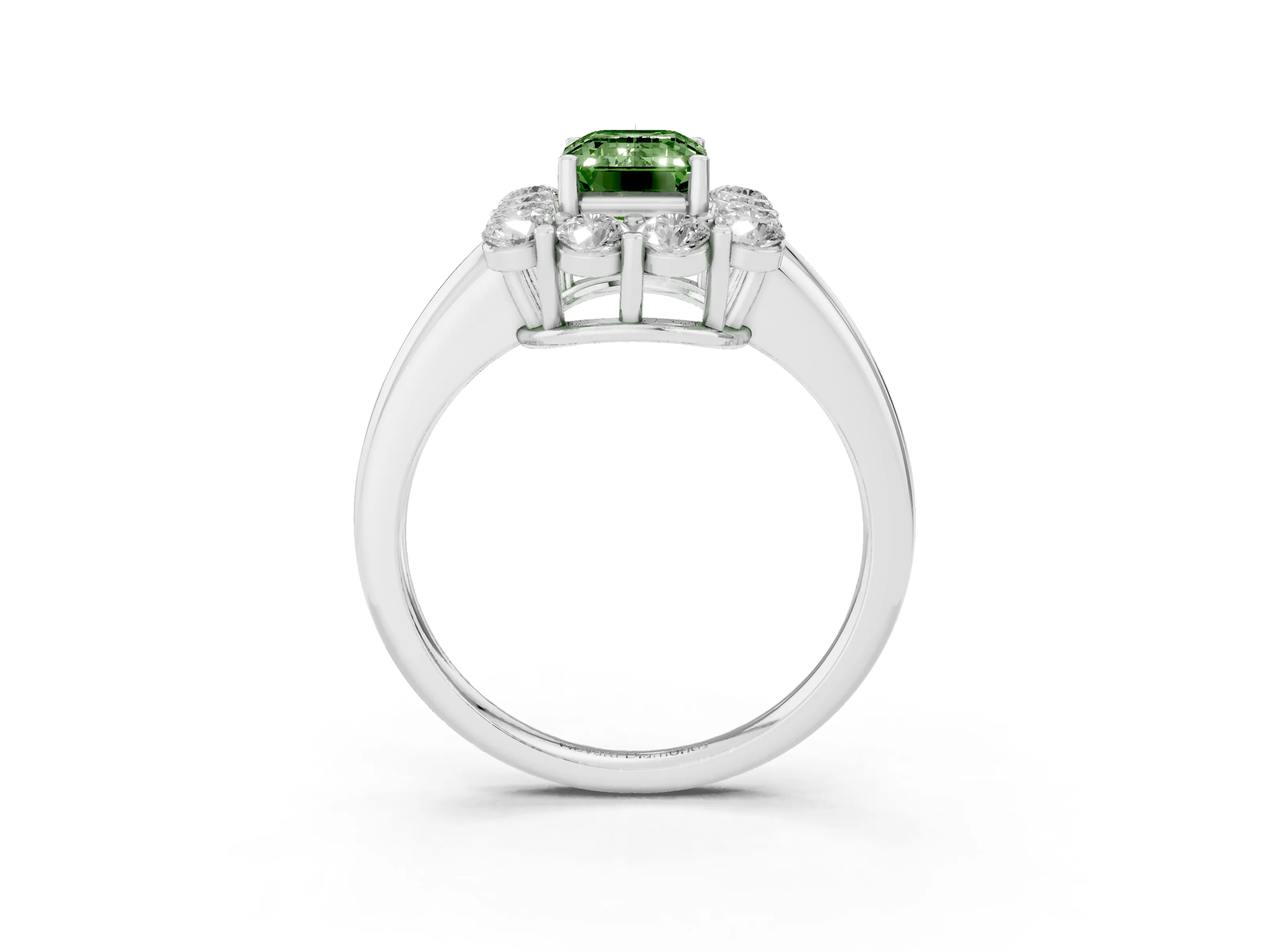 Fancy Green Emerald Cut Diamond Halo Cluster Engagement Ring Set in Silver with Polished Band and Prong Setting