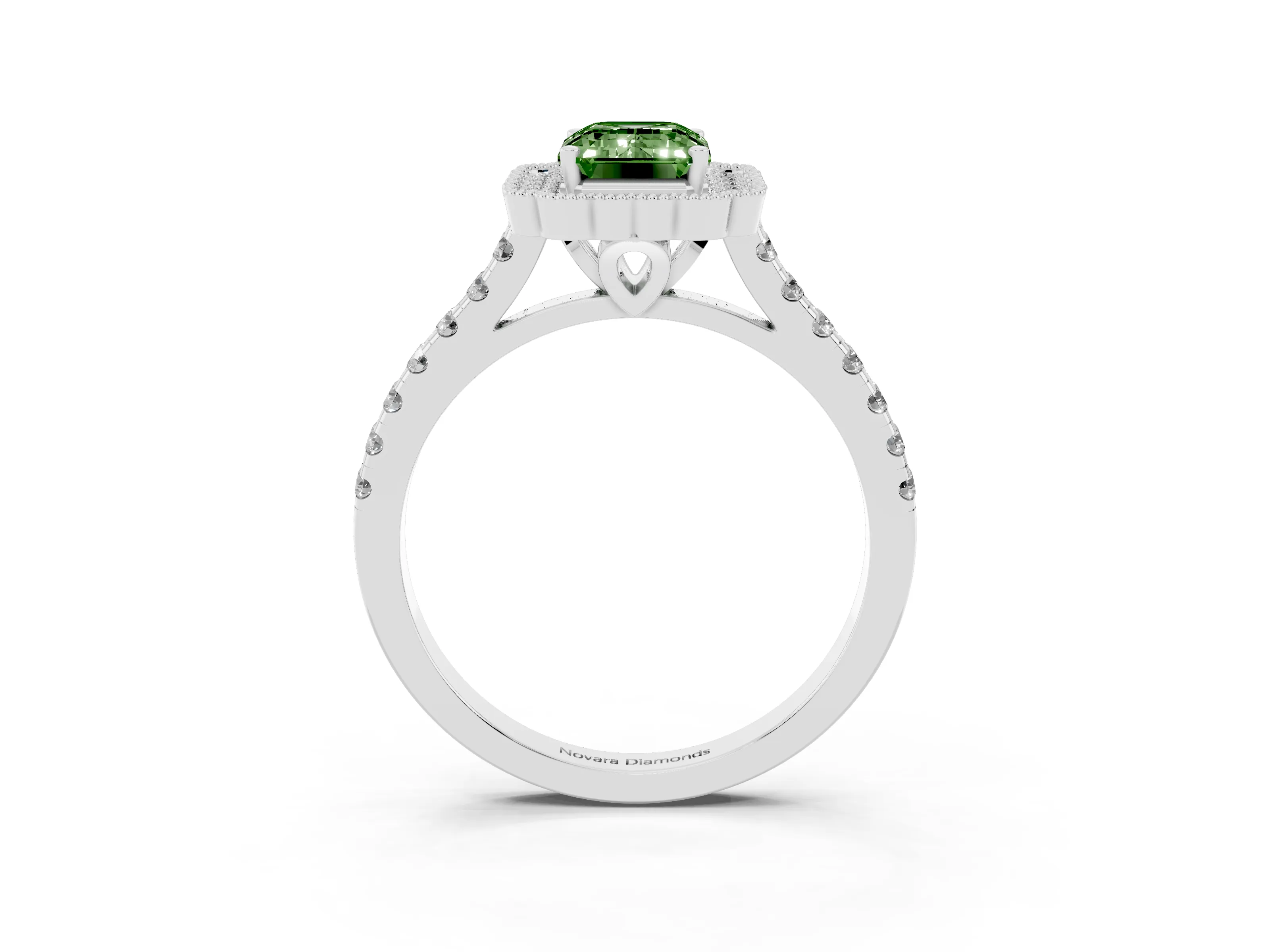 Fancy Green Emerald Cut Diamond Milgrain Floral Halo Engagement Ring Set in White gold with Pavé Band