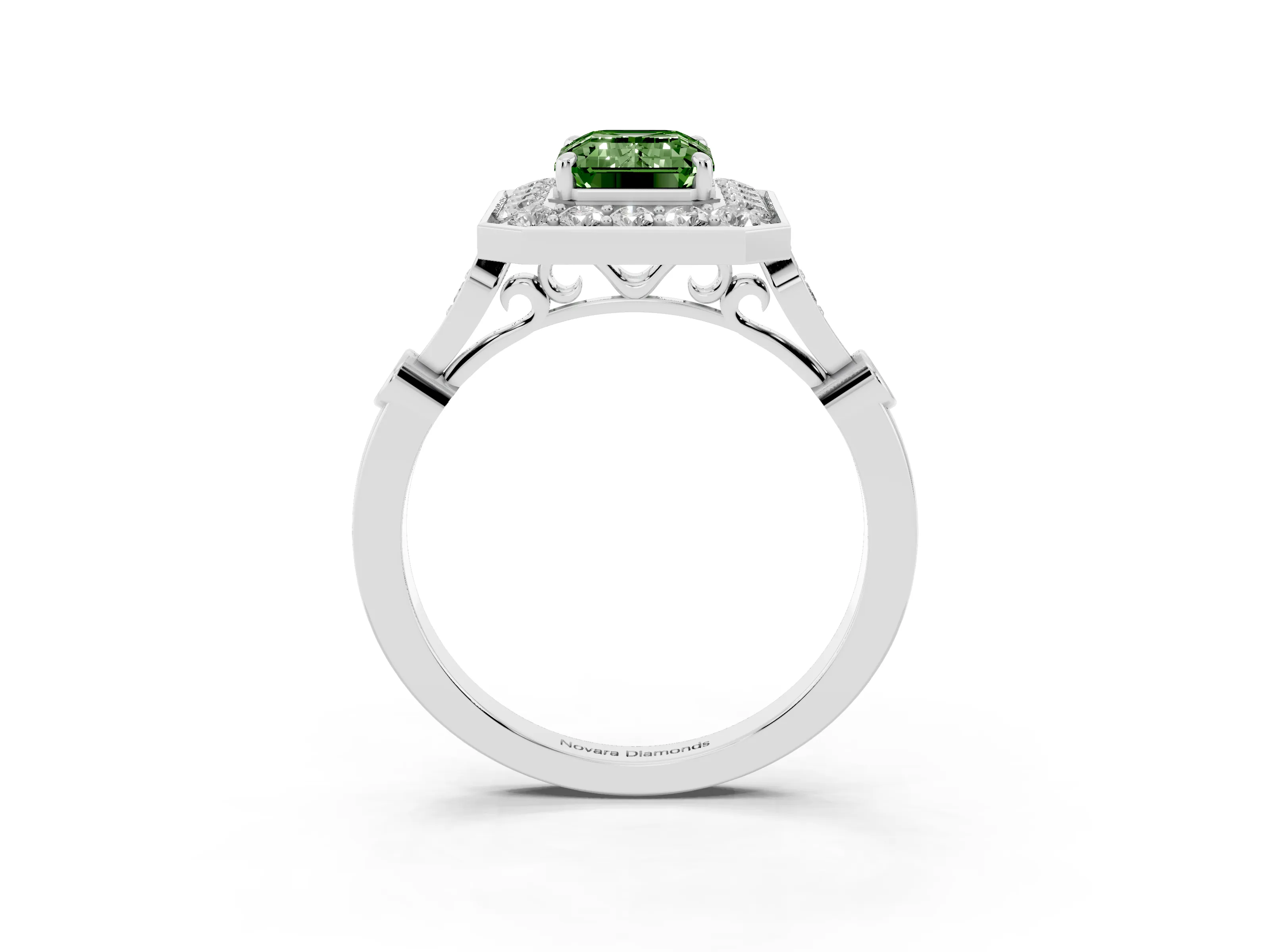 Fancy Green Emerald Cut Diamond Halo Engagement Ring Set in Platinum with Twisted Band and Prong Setting