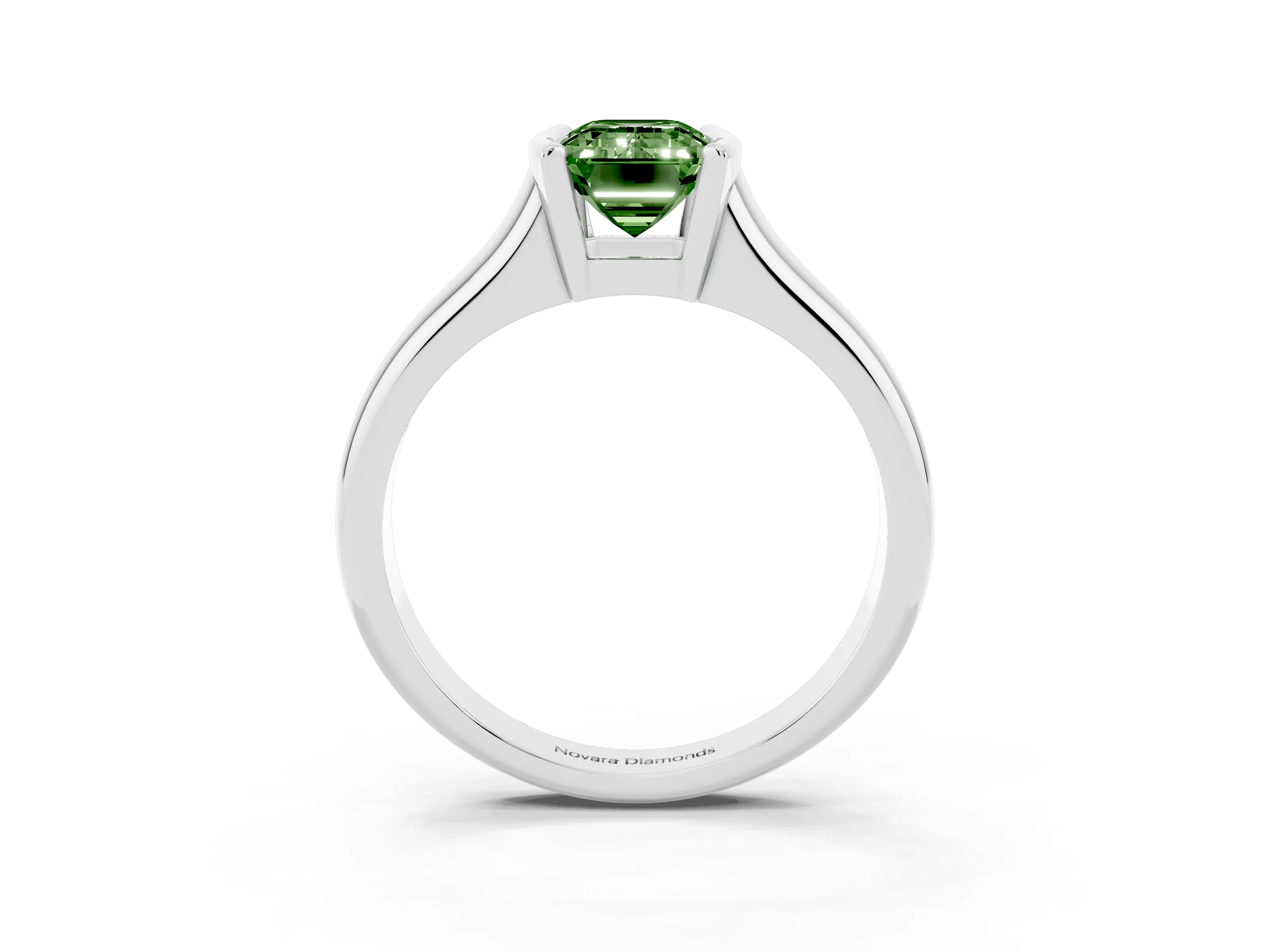 Fancy Green Emerald Cut Diamond Solitaire Tension Set Ring Set in White gold with Split Shank Band
