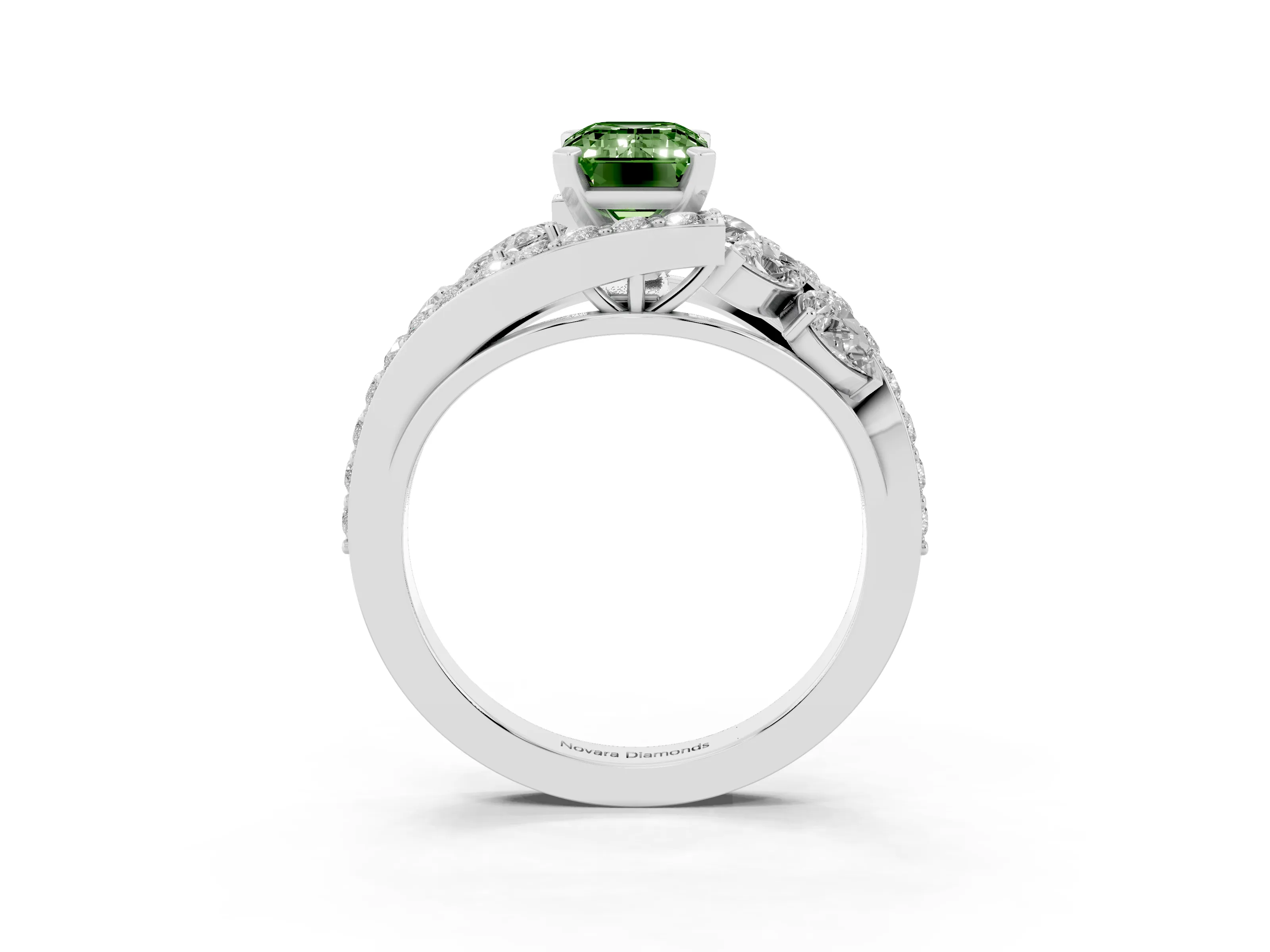 Fancy Green Emerald Cut Diamond Halo Ring Set in Platinum with Marquise and Pavé Band in Prong Setting