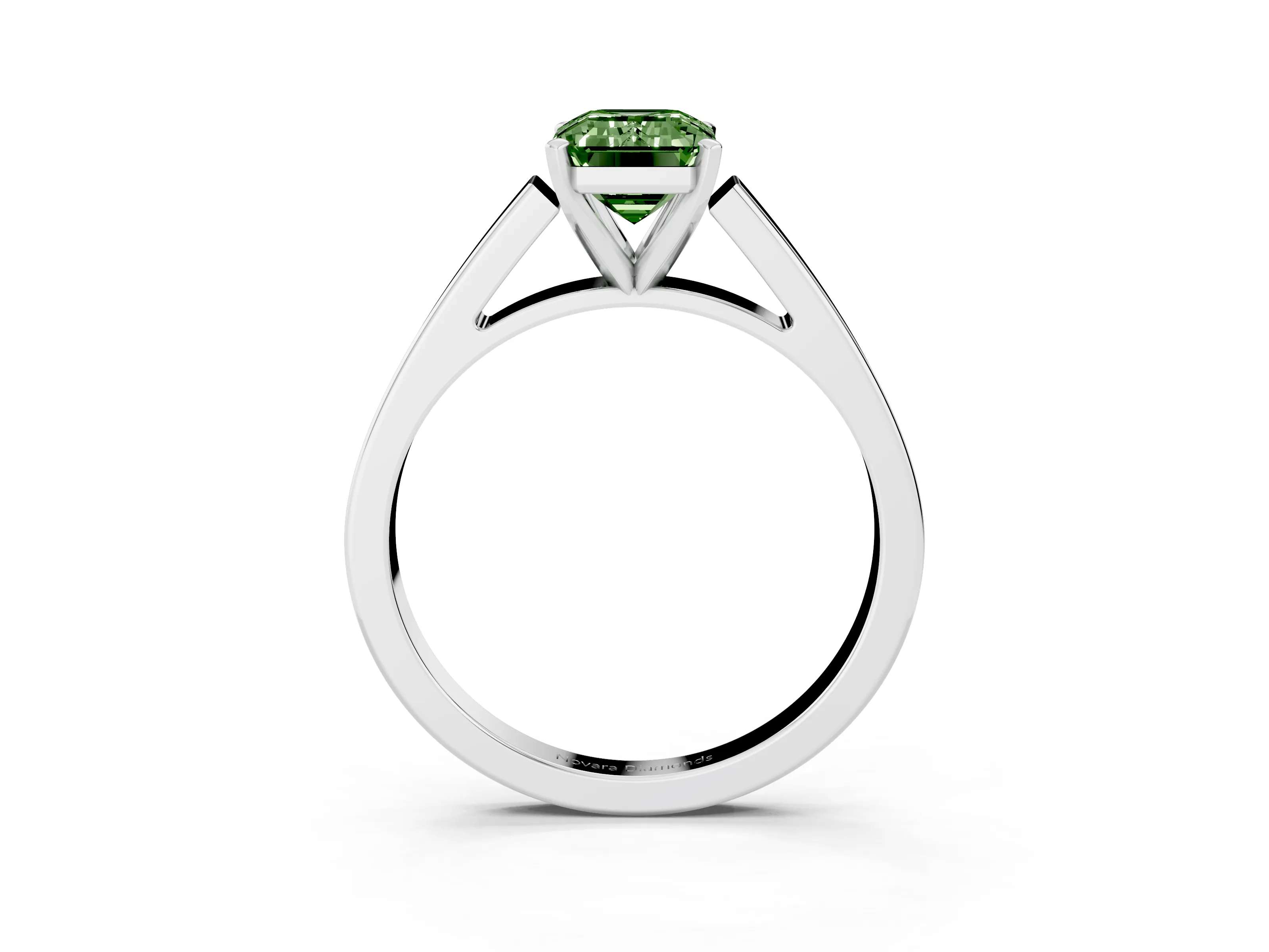 Fancy Green Emerald Cut Diamond Solitaire Engagement Ring Set in Platinum with Prong Setting and Tapered Band