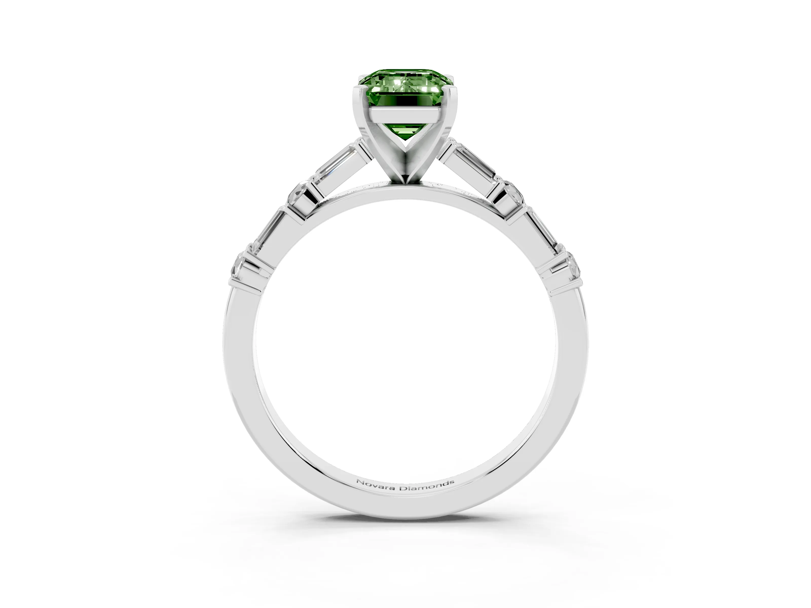 Fancy Green Emerald Cut Diamond Solitaire Set in Platinum with Side Baguettes and Channel Set Band