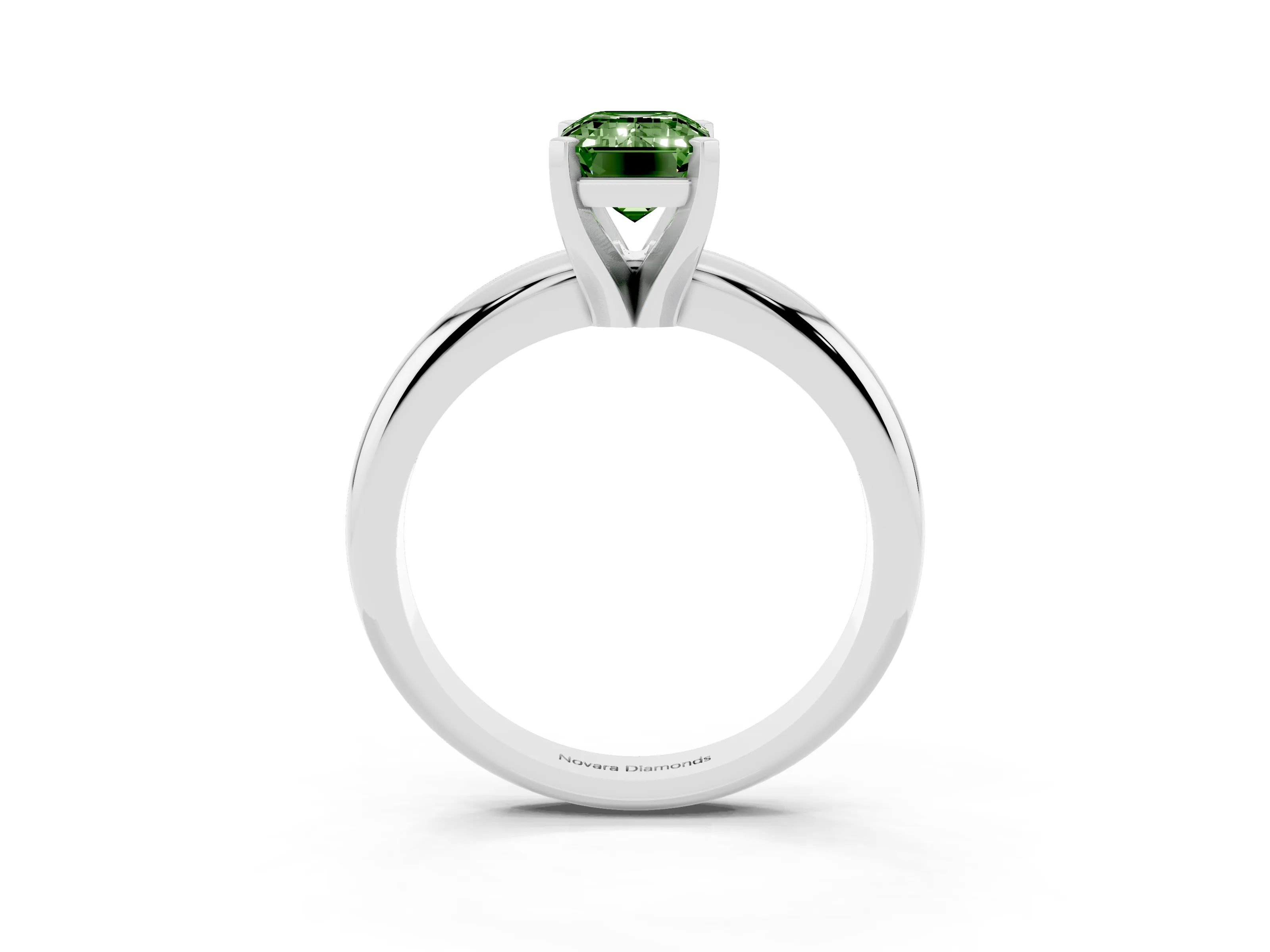 Fancy Green Emerald Cut Diamond Solitaire Engagement Ring Set in Silver with Round Band and Prong Setting