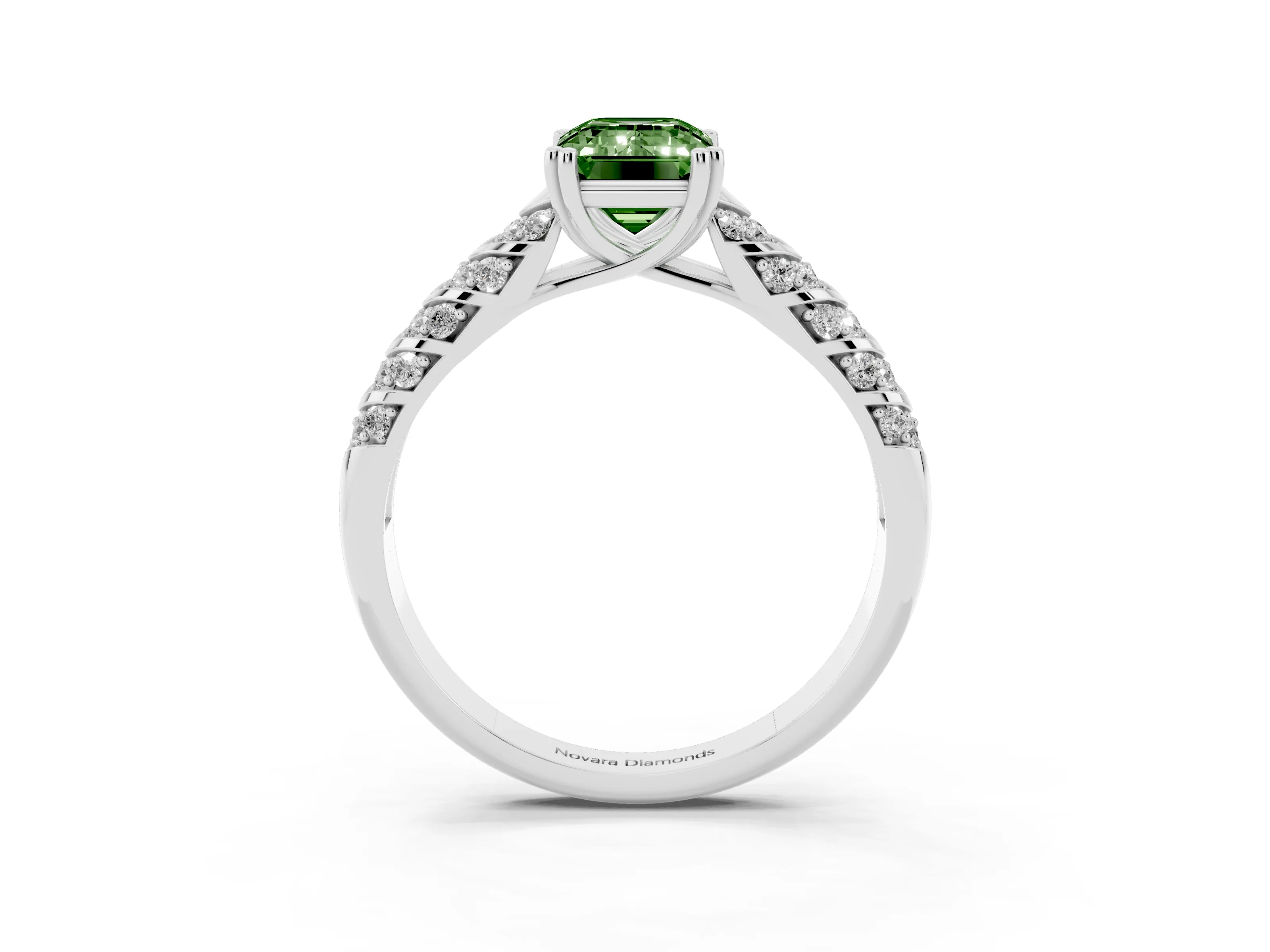 Fancy Green Emerald Cut Diamond Solitaire Chevron Pavé Engagement Ring Set in Silver with Prong Setting