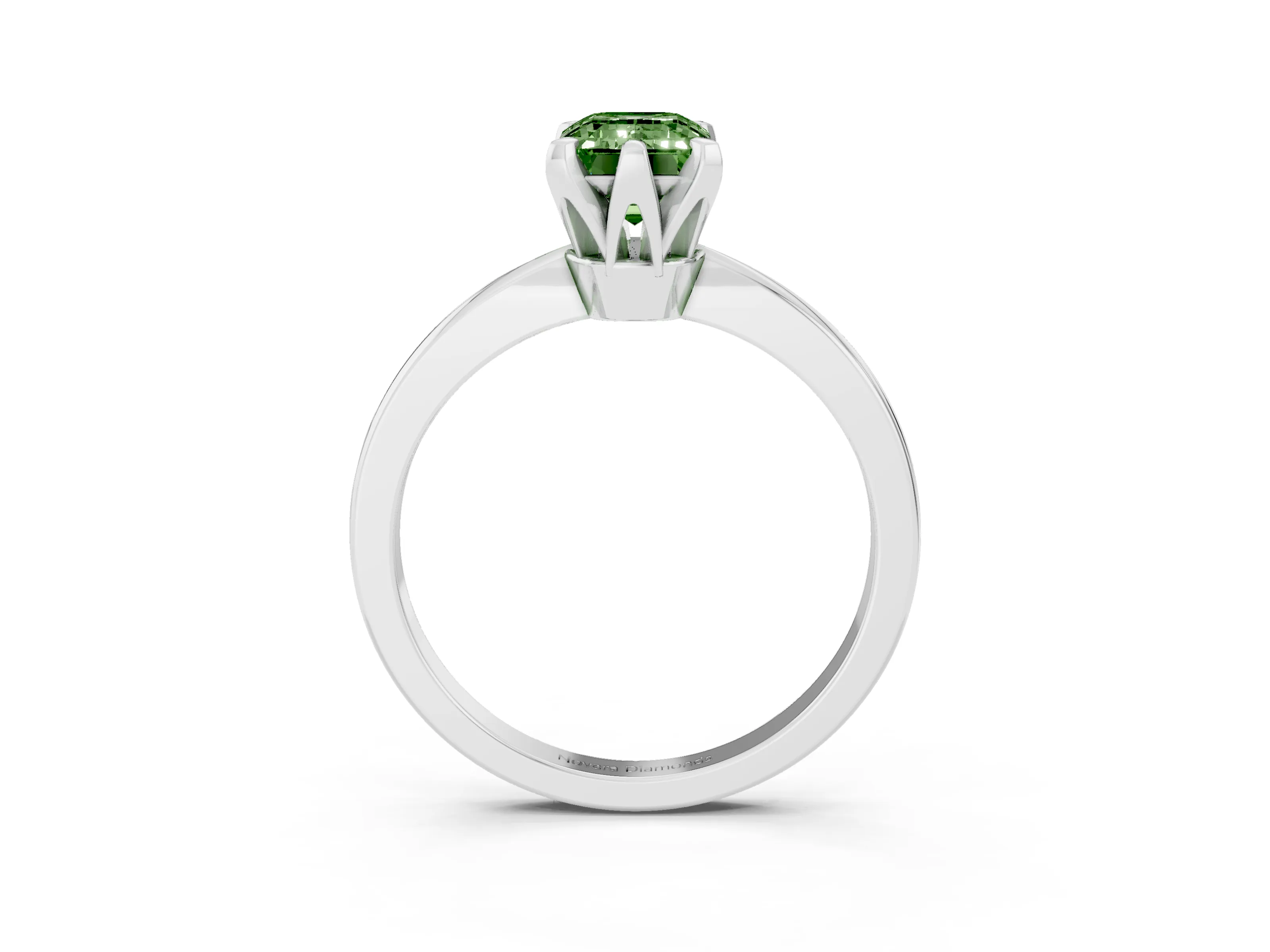 Fancy Green Emerald Cut Diamond Solitaire Engagement Ring Set in White gold with Slim Tapered Solitaire Band