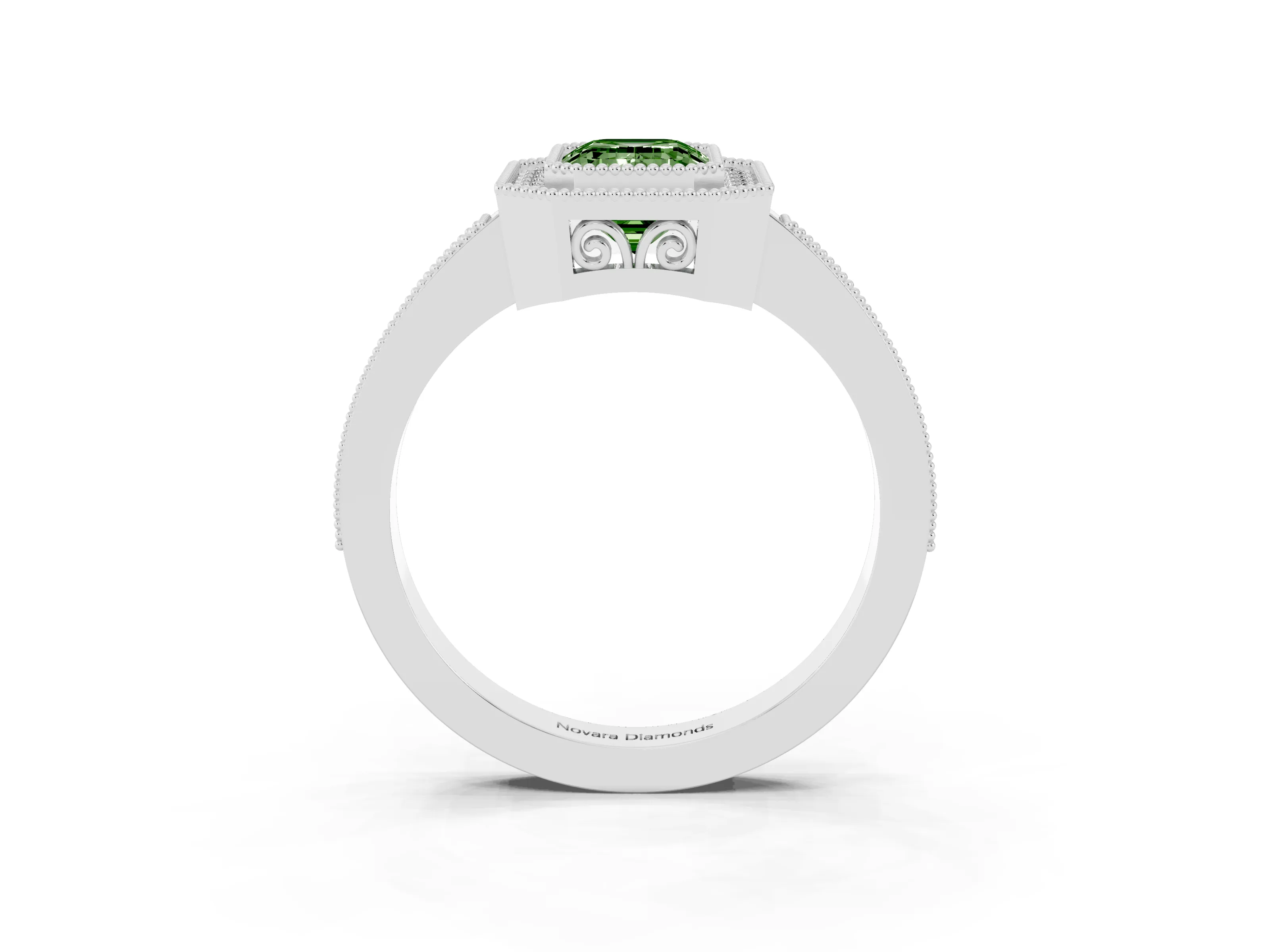 Fancy Green Emerald Cut Diamond Halo Ring Set in White gold with Pavé Band and Milgrain-Edged Prongs