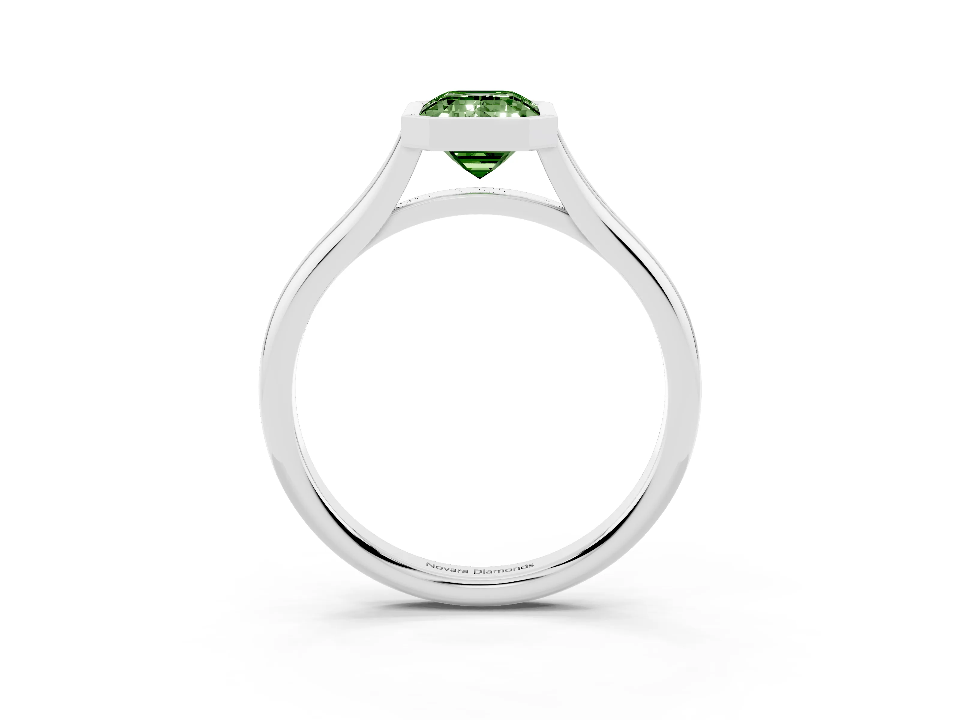 Fancy Green Bezel Set Emerald Cut Diamond Solitaire Ring Set in Platinum with Tapered Band
