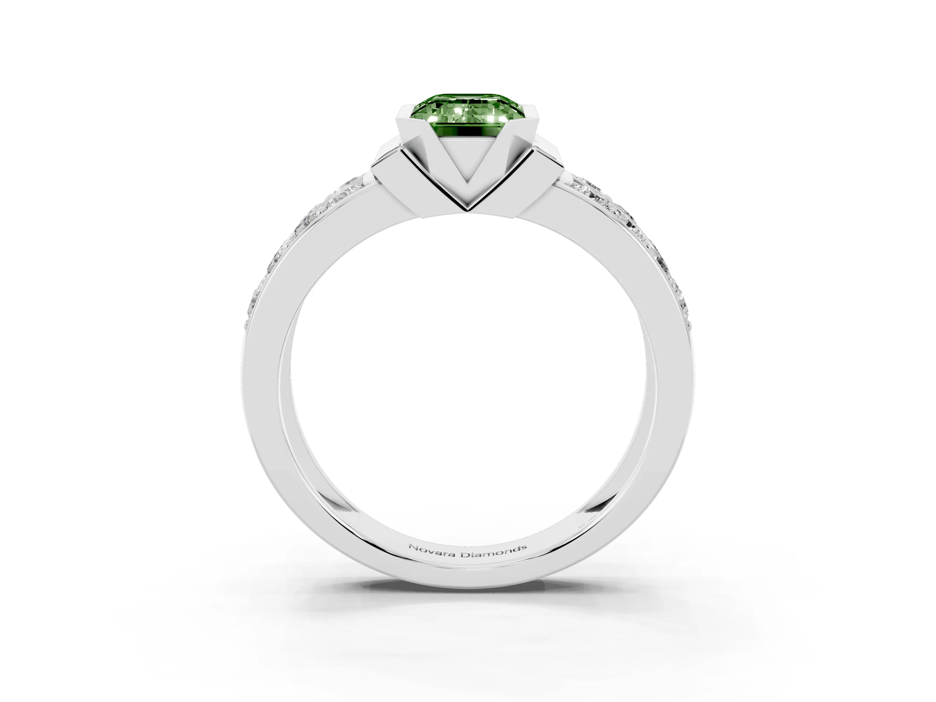 Fancy Green Emerald Cut Diamond Wide Channel Set Band Ring Set in Silver with Bezel Setting