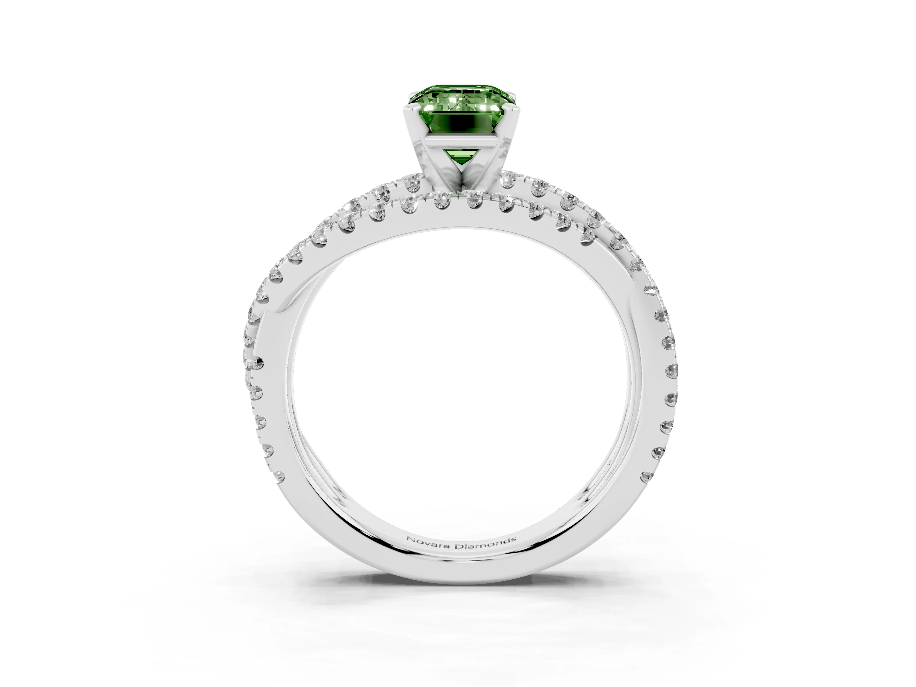 Fancy Green Emerald Cut Diamond Solitaire Twist Band Ring Set in Silver with Pavé Setting and Prong Head