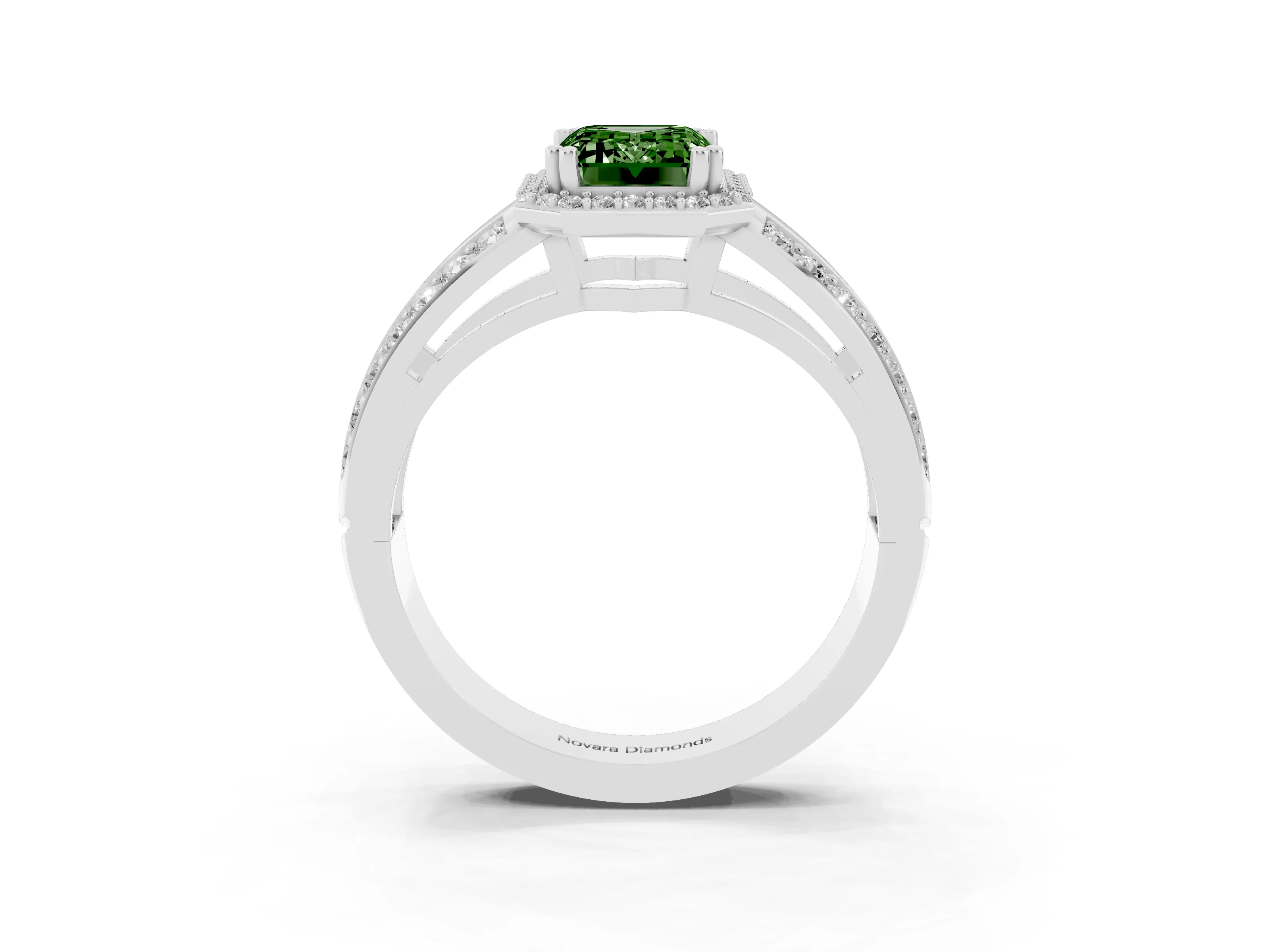 Fancy Green Emerald Cut Diamond Halo Ring Set in Platinum with Double Pavé Split Shank