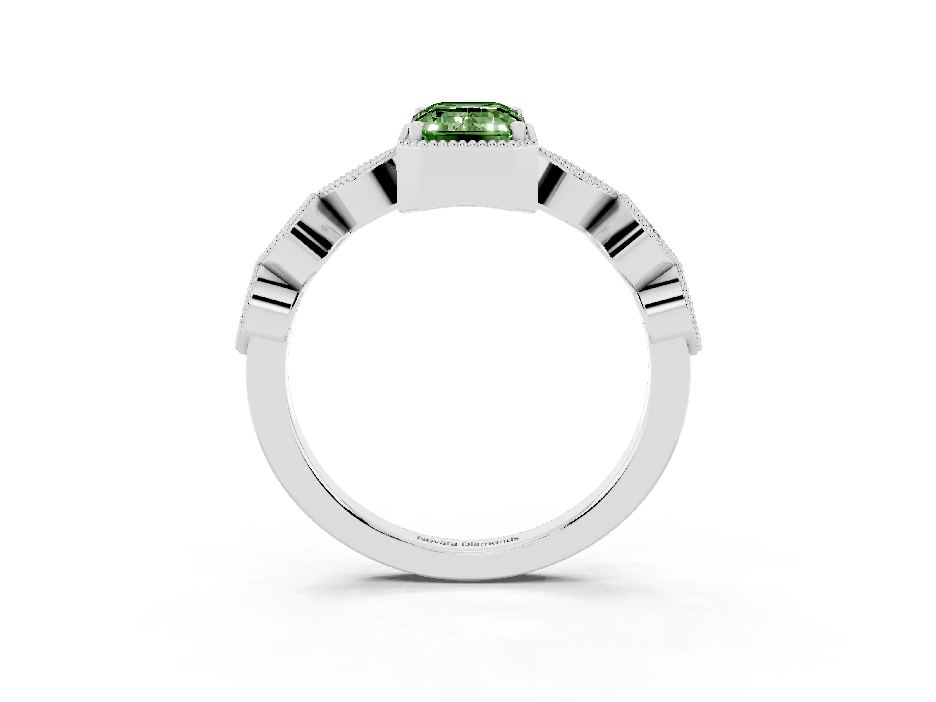Fancy Green Emerald Cut Diamond Vintage-Inspired Milgrain Ring Set in White gold with Marquise Stations of Round Accents