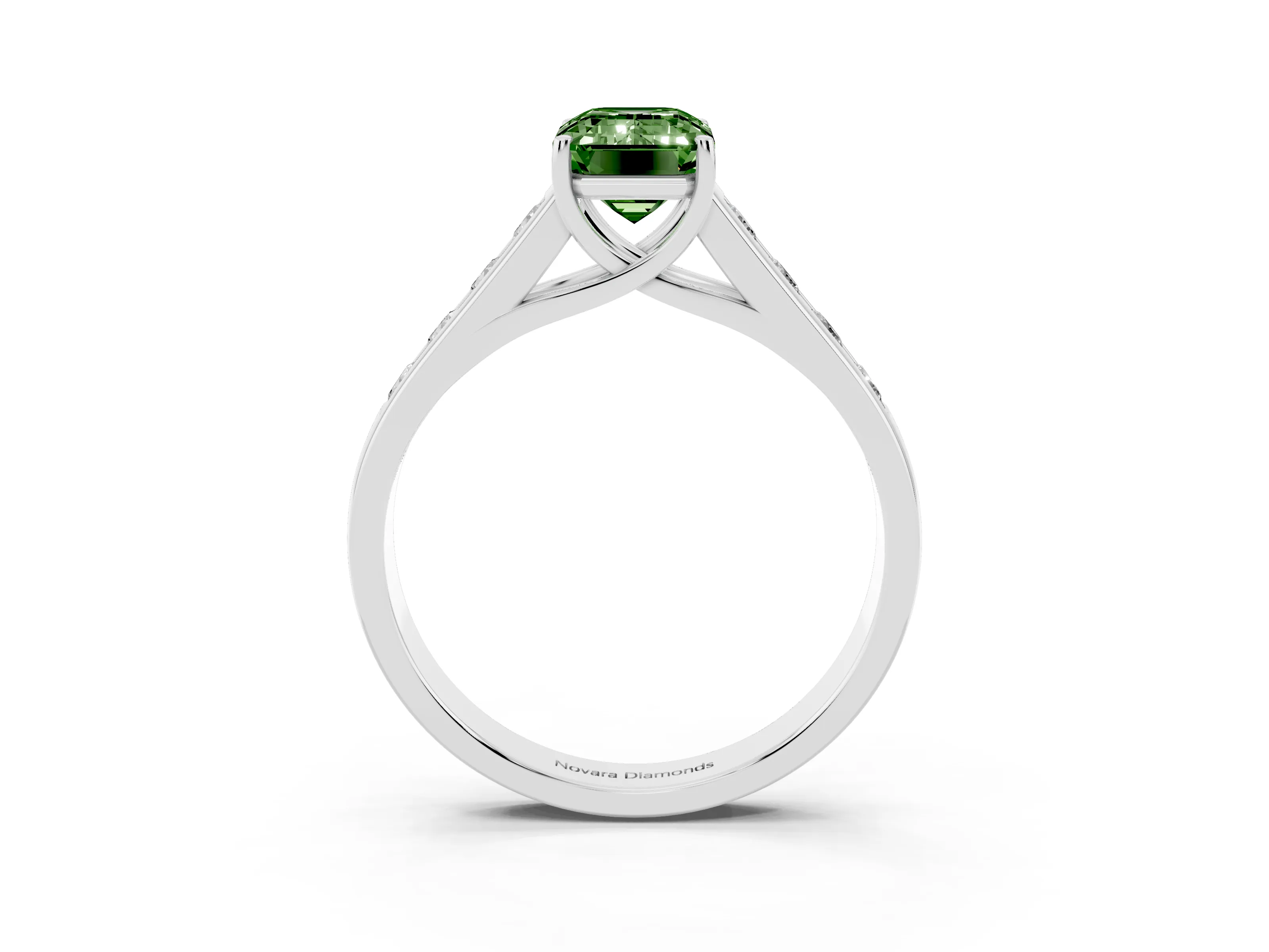 Fancy Green Emerald Cut Diamond Solitaire Channel-Set Engagement Ring Set in White gold with Prong Setting