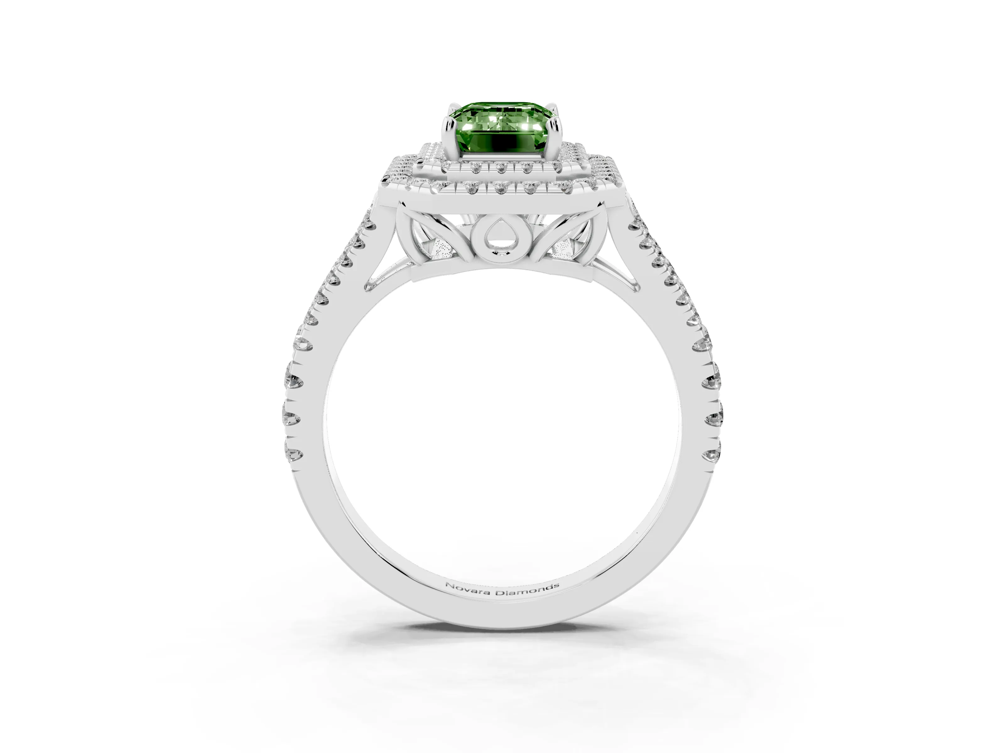 Fancy Green Emerald Cut Diamond Double Halo Ring Set in Silver with Pavé Band