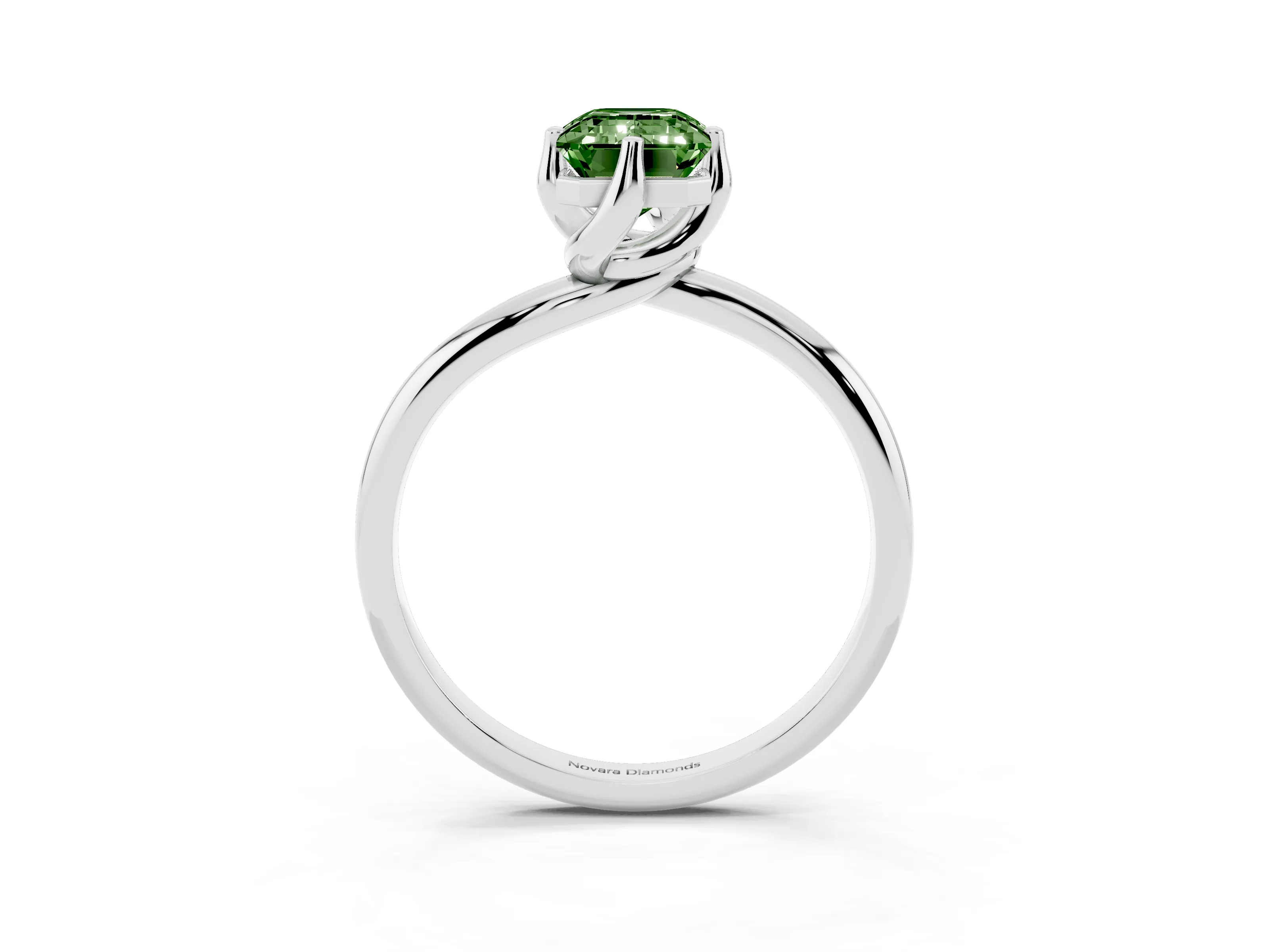 Fancy Green Emerald Cut Diamond Solitaire Engagement Ring Set in White gold with Classic Plain Band