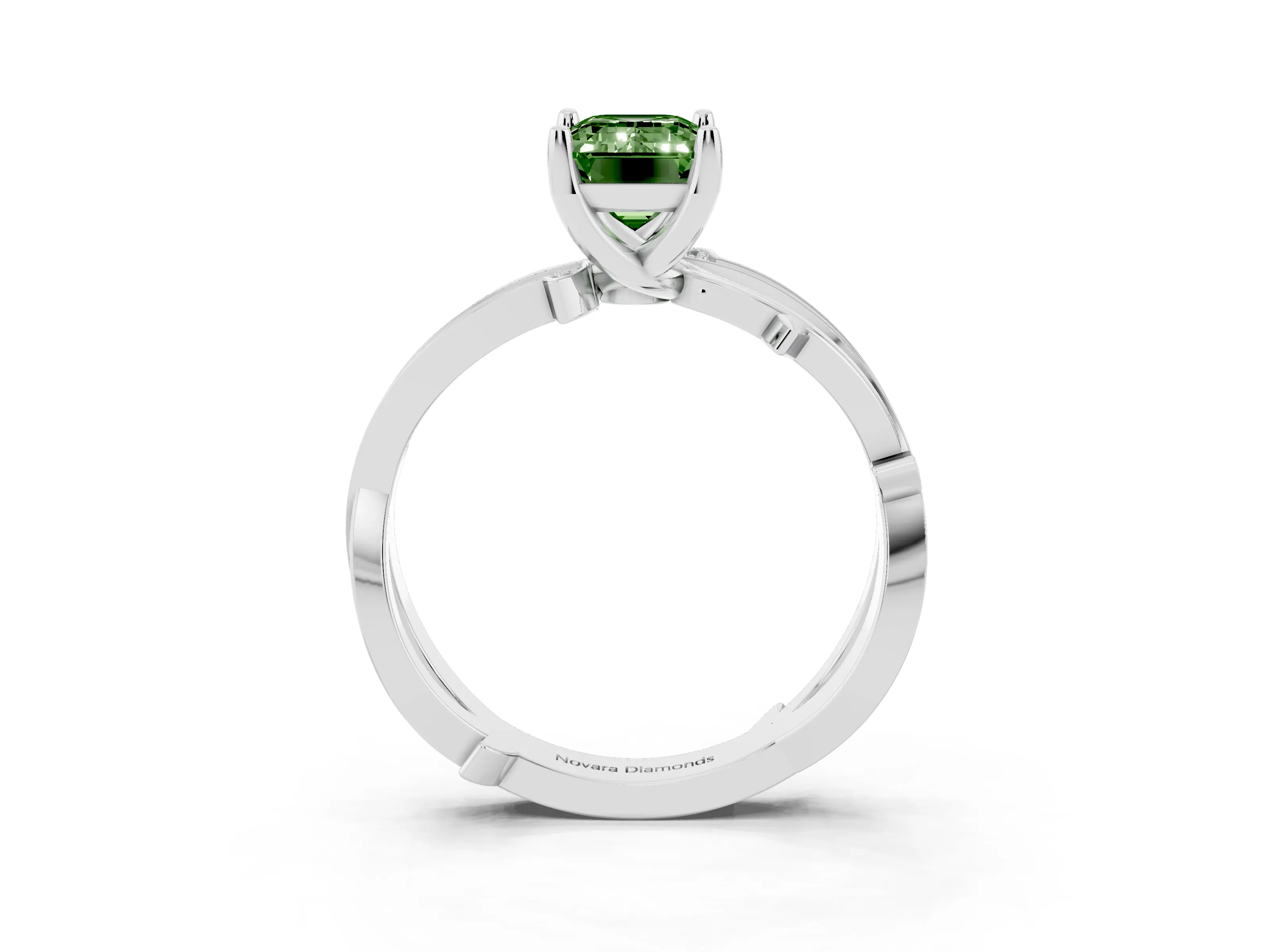 Fancy Green Emerald Cut Diamond Pavé Twist Band Solitaire Ring Set in Platinum with Prong Setting