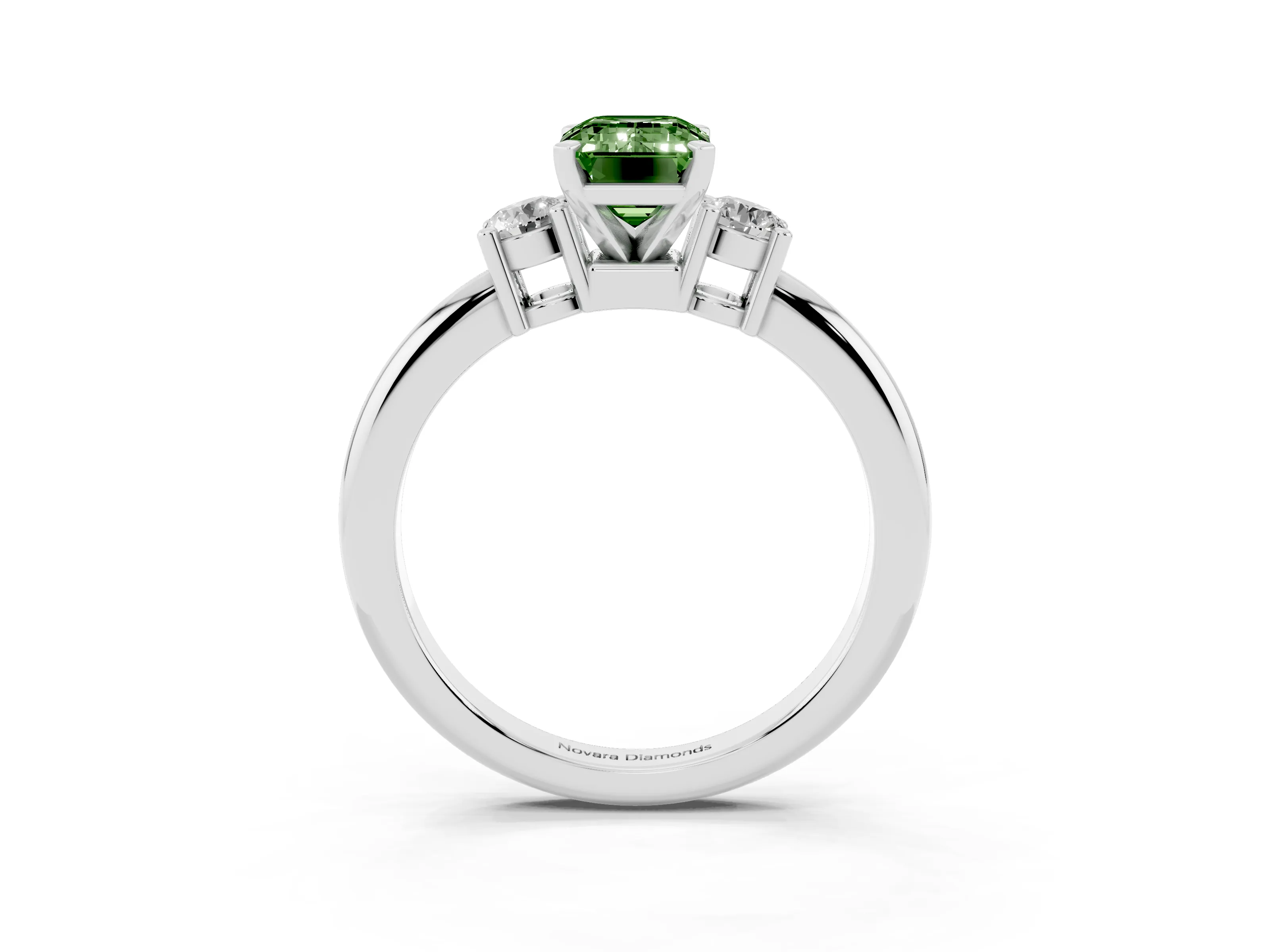 Fancy Green Three-Stone Emerald Cut Diamond Ring Set in Platinum with Prong Setting and Plain Band