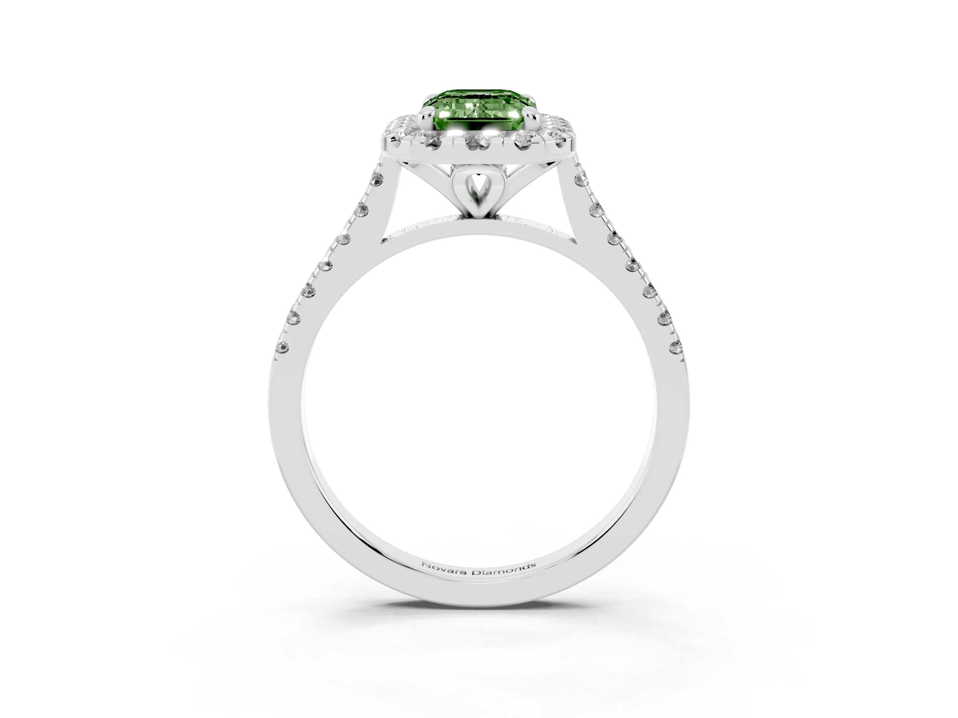 Fancy Green Emerald Cut Diamond Cushion Halo Ring Set in White gold with Pavé Band
