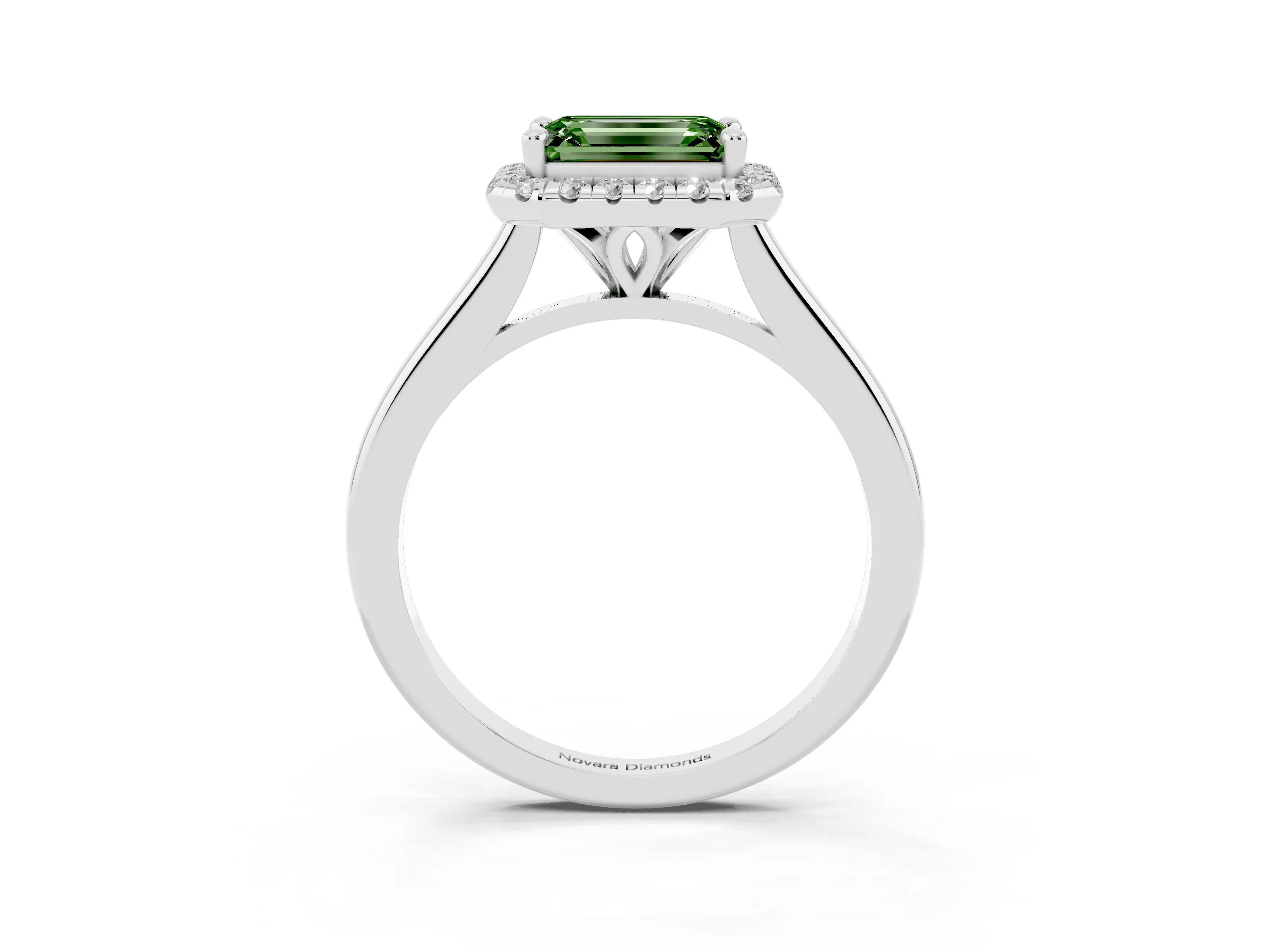 Fancy Green Emerald Cut Diamond Halo Engagement Ring Set in White gold with Pavé Band and Rising Shoulders
