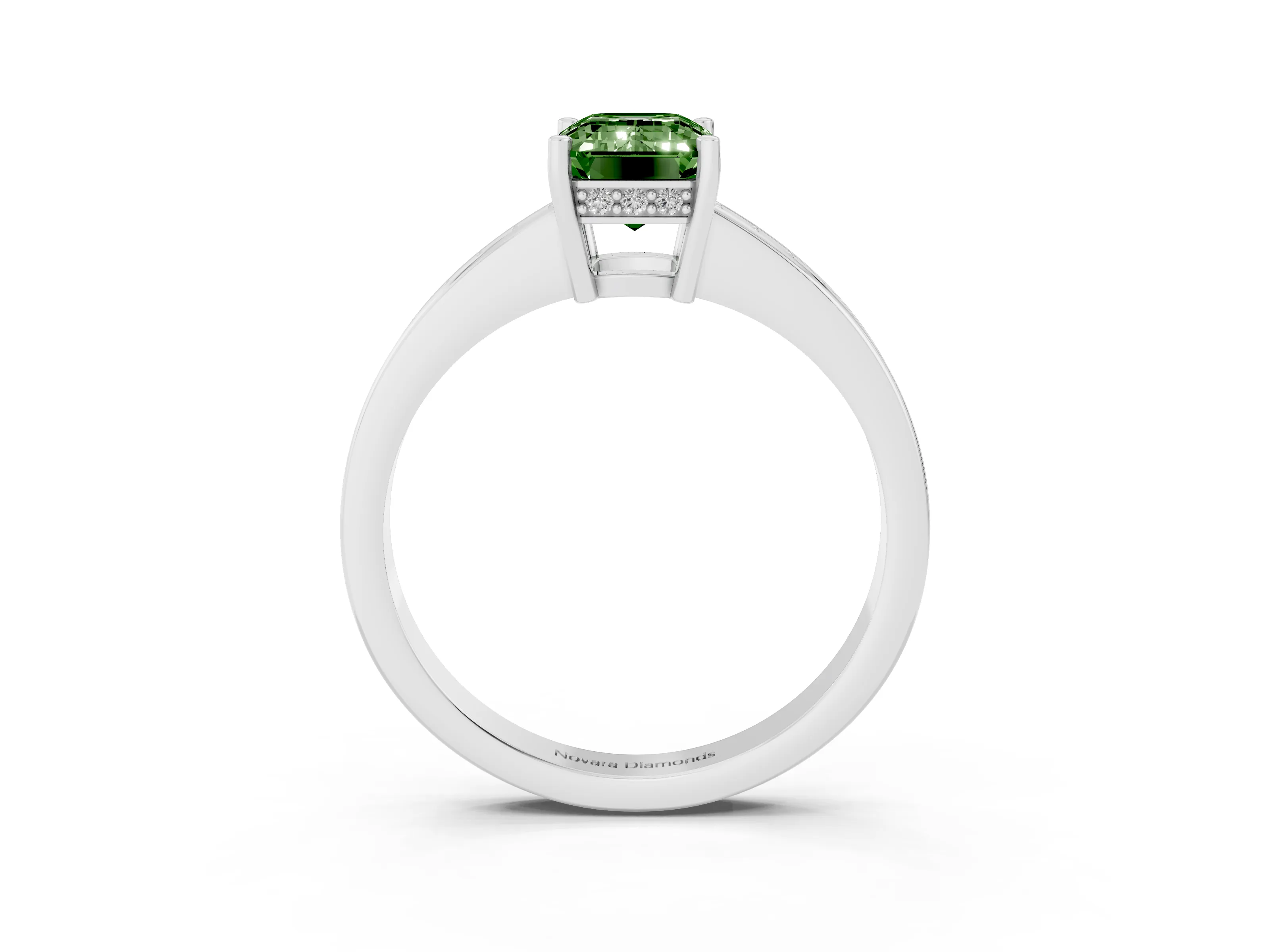Fancy Green Emerald Cut Diamond Pavé Band Prong Set Solitaire Ring Set in White gold