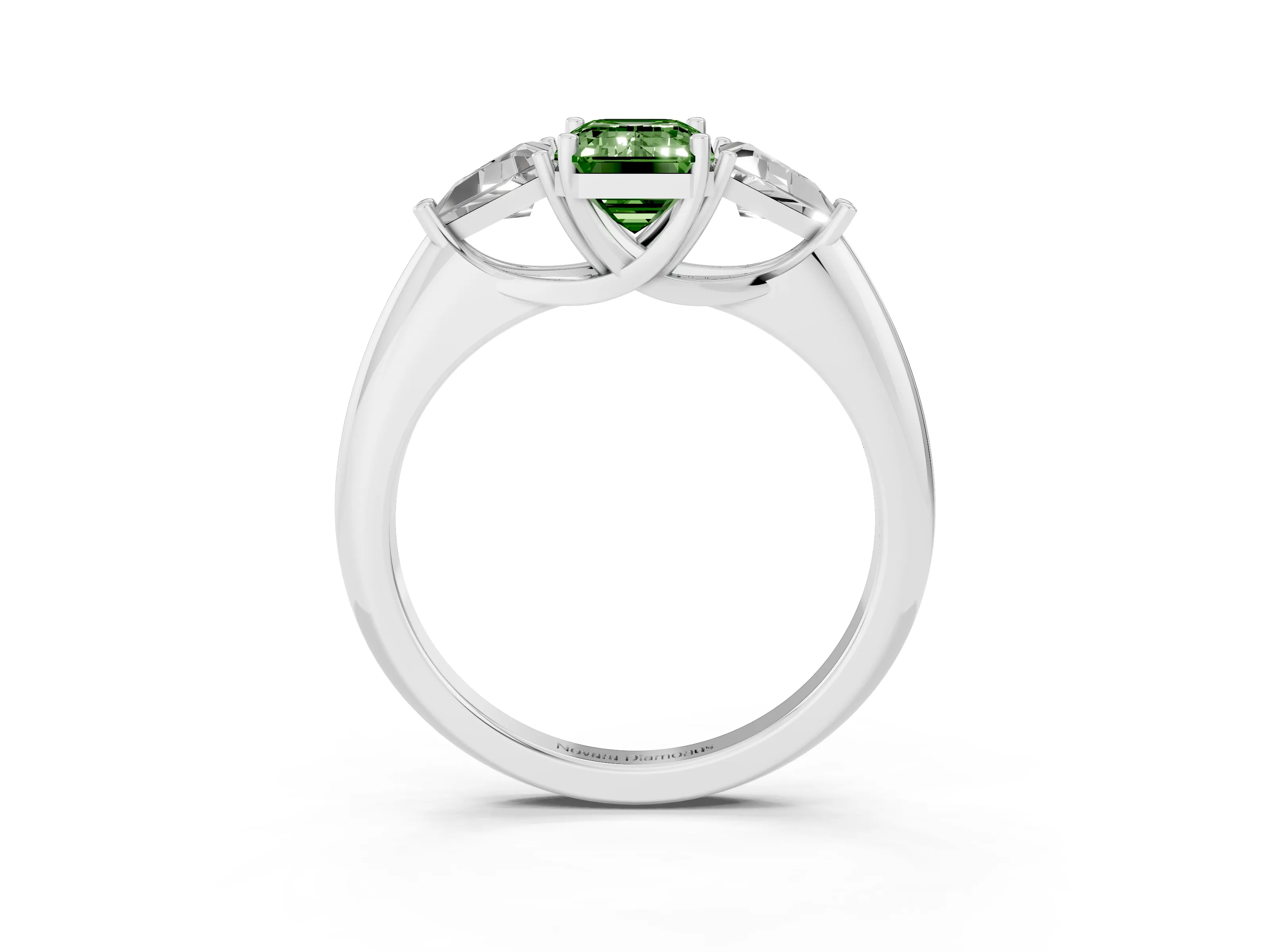 Fancy Green Emerald Cut Diamond Three-Stone Engagement Ring Set in Platinum with Trillion Side Stones