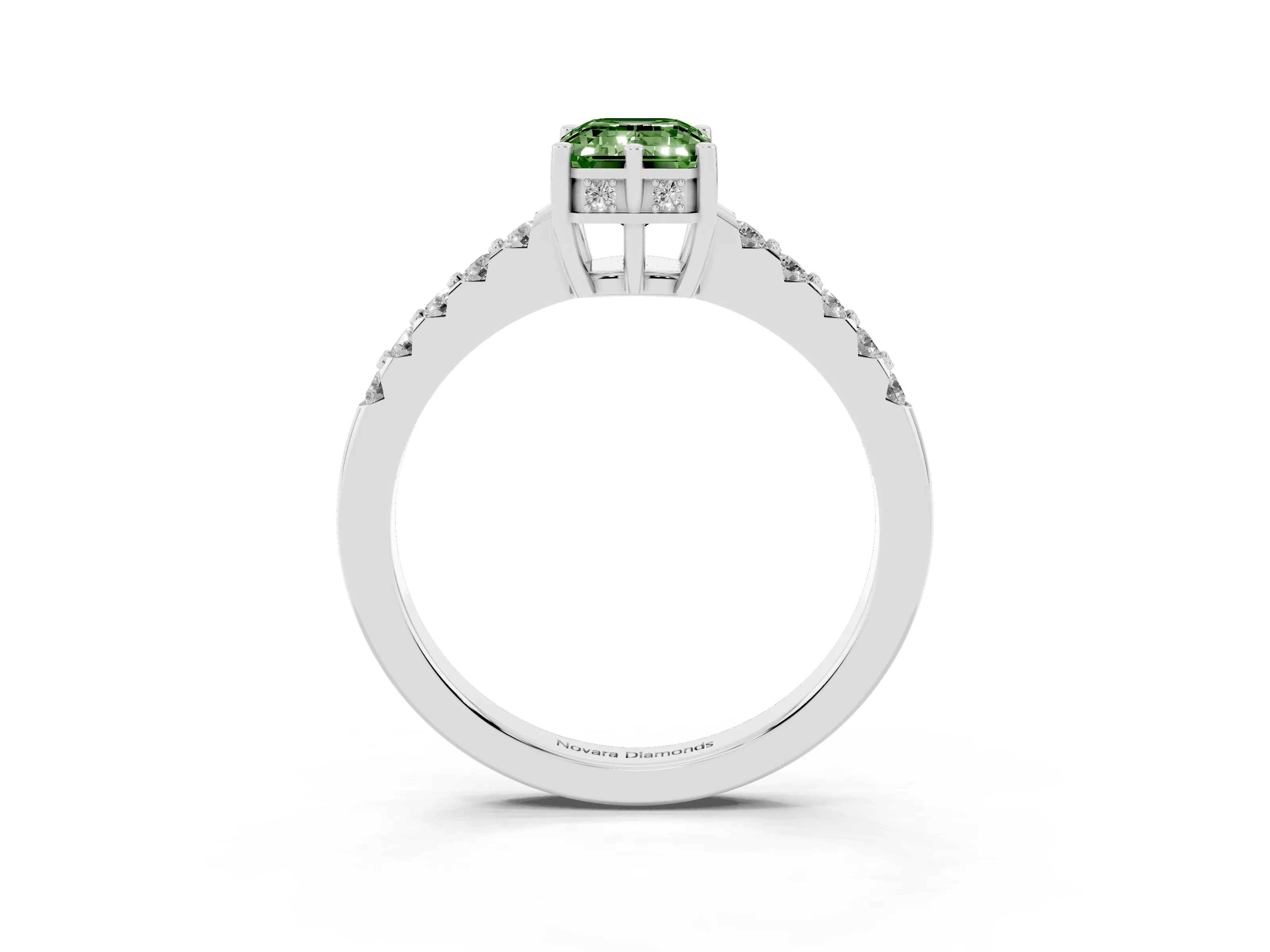 Fancy Green Emerald Cut Diamond Solitaire Engagement Ring Set in White gold with Pavé Band and Prong Setting