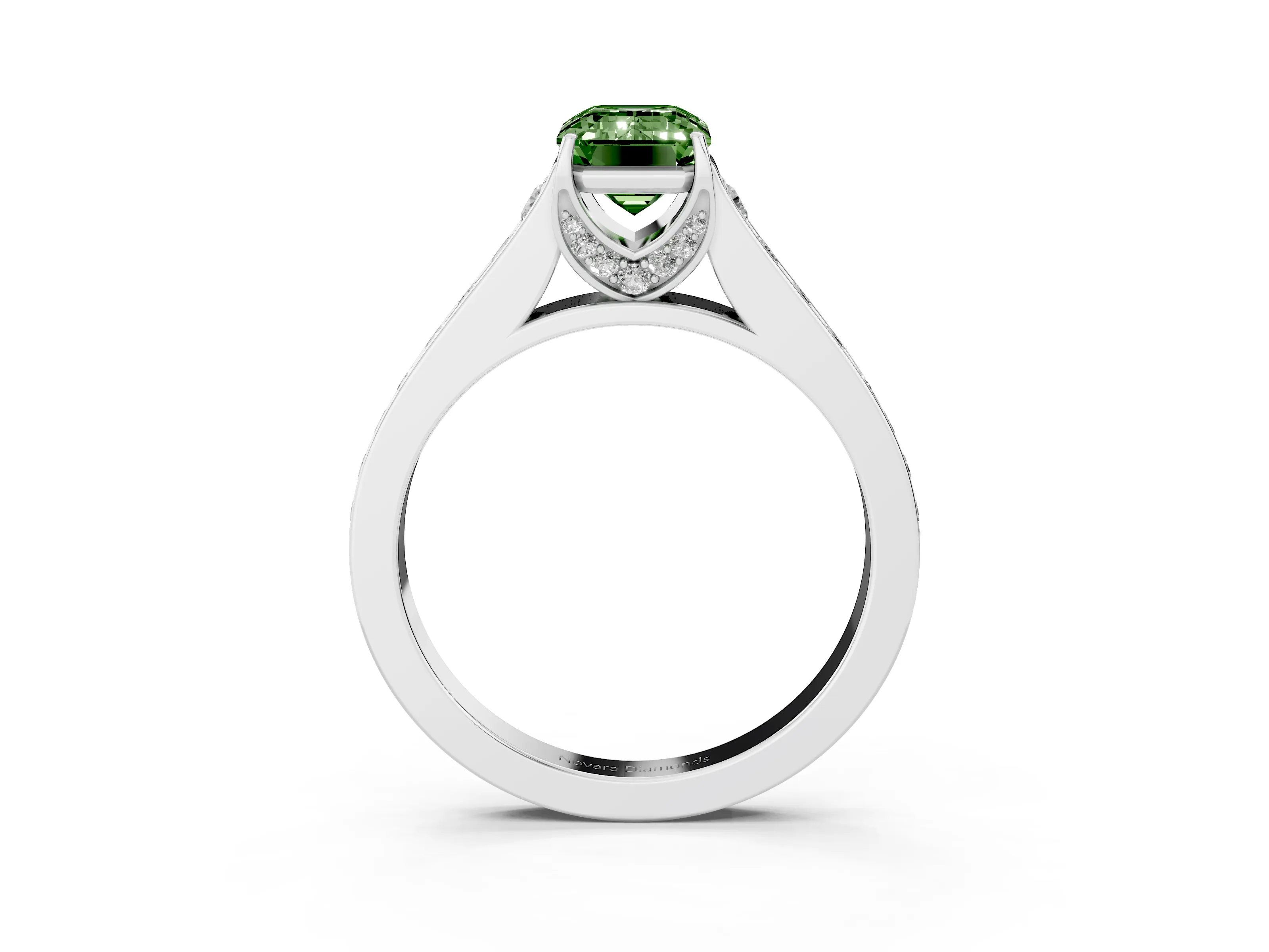 Fancy Green Emerald Cut Diamond Solitaire Pavé Engagement Ring Set in White gold with Prong Setting
