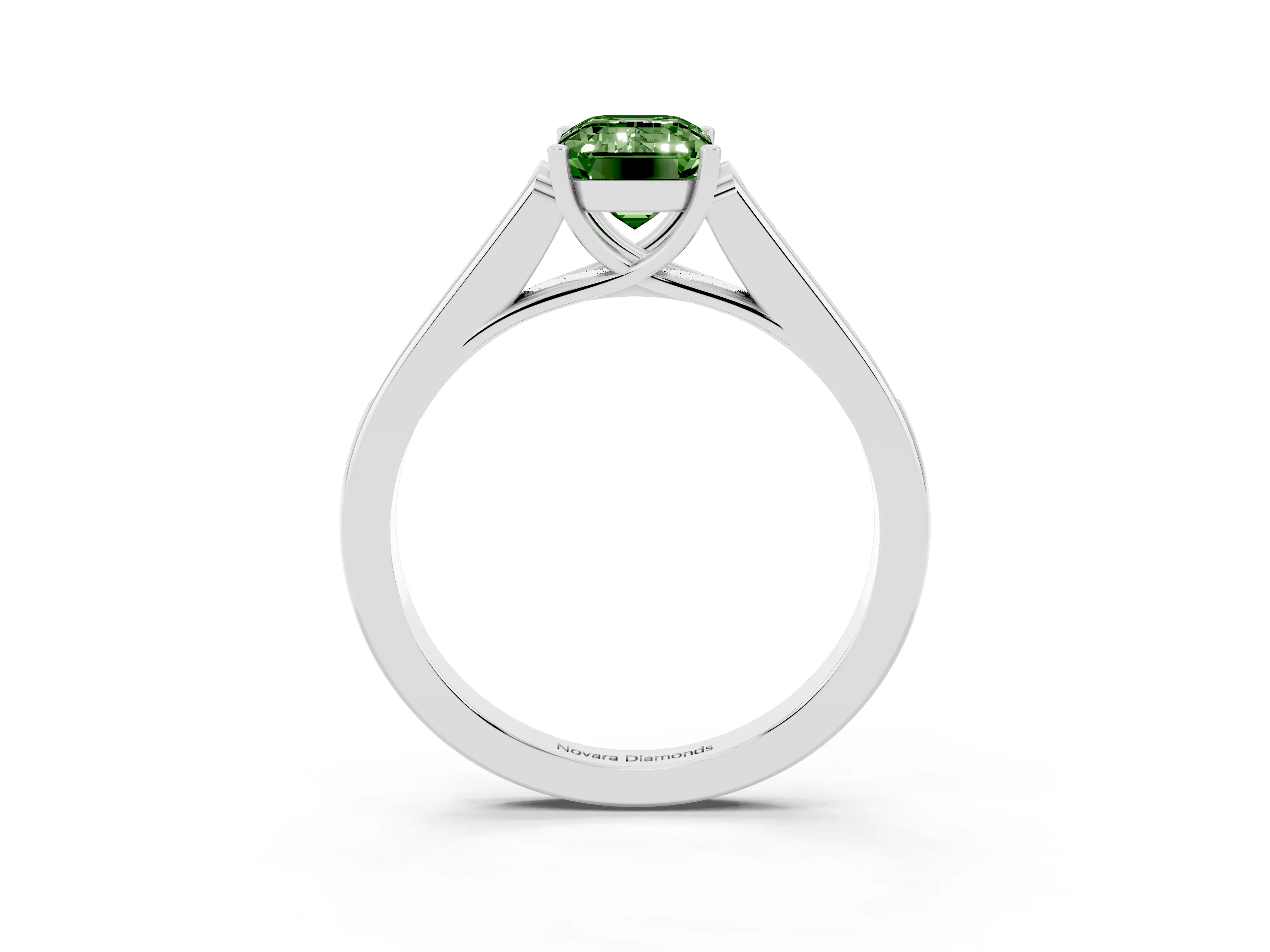 Fancy Green Emerald Cut Diamond Solitaire Cathedral Engagement Ring Set in White gold with Channel-Set Band and Prong Setting