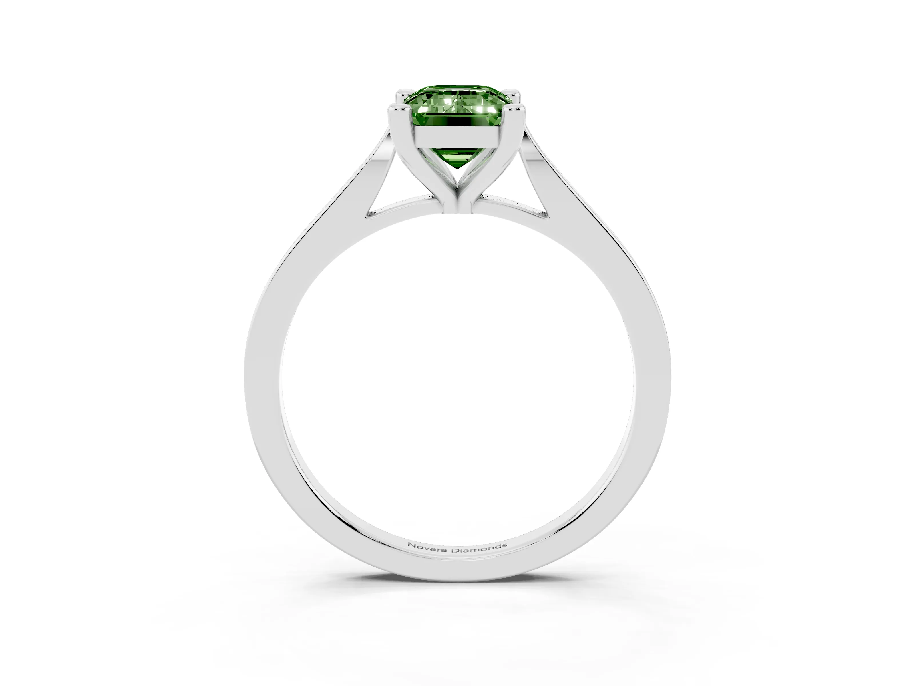 Fancy Green Emerald Cut Diamond Solitaire Ring Set in Silver with Prong Setting and Tapered Band