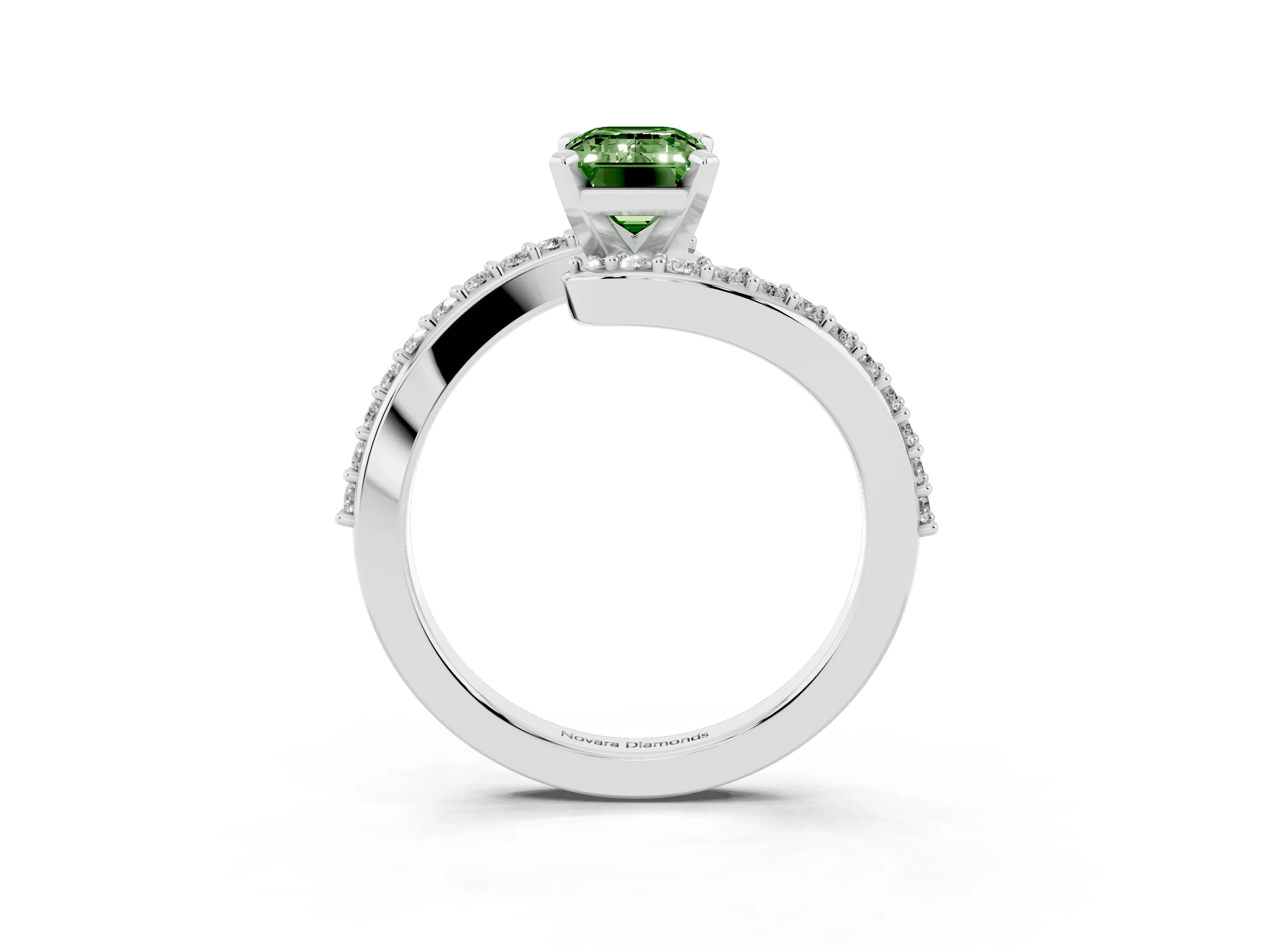 Fancy Green Emerald Cut Diamond Solitaire Ring Set in White gold with Pavé Twist Band and Prong Setting