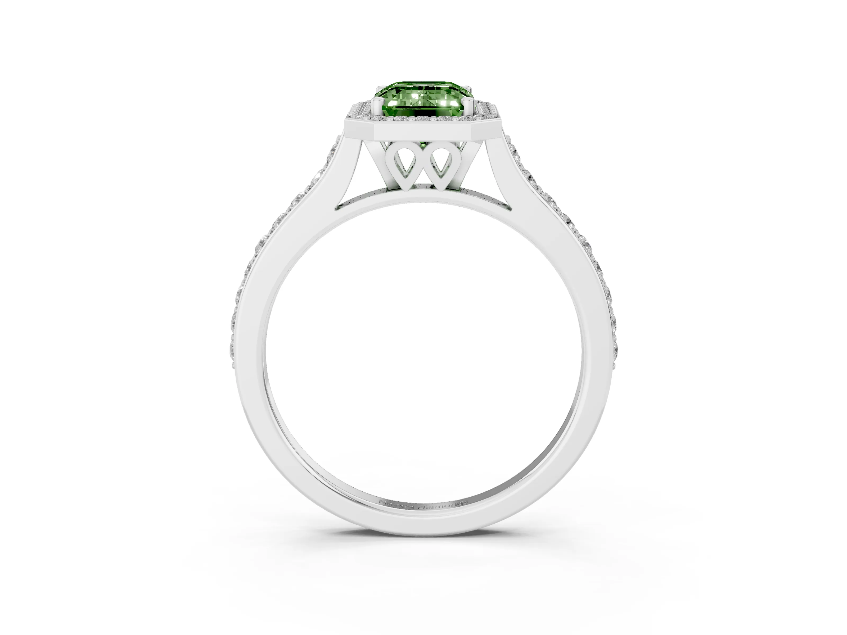 Fancy Green Emerald Cut Diamond Halo Engagement Ring Set in Platinum with Round Pavé Shoulders and Heart Gallery