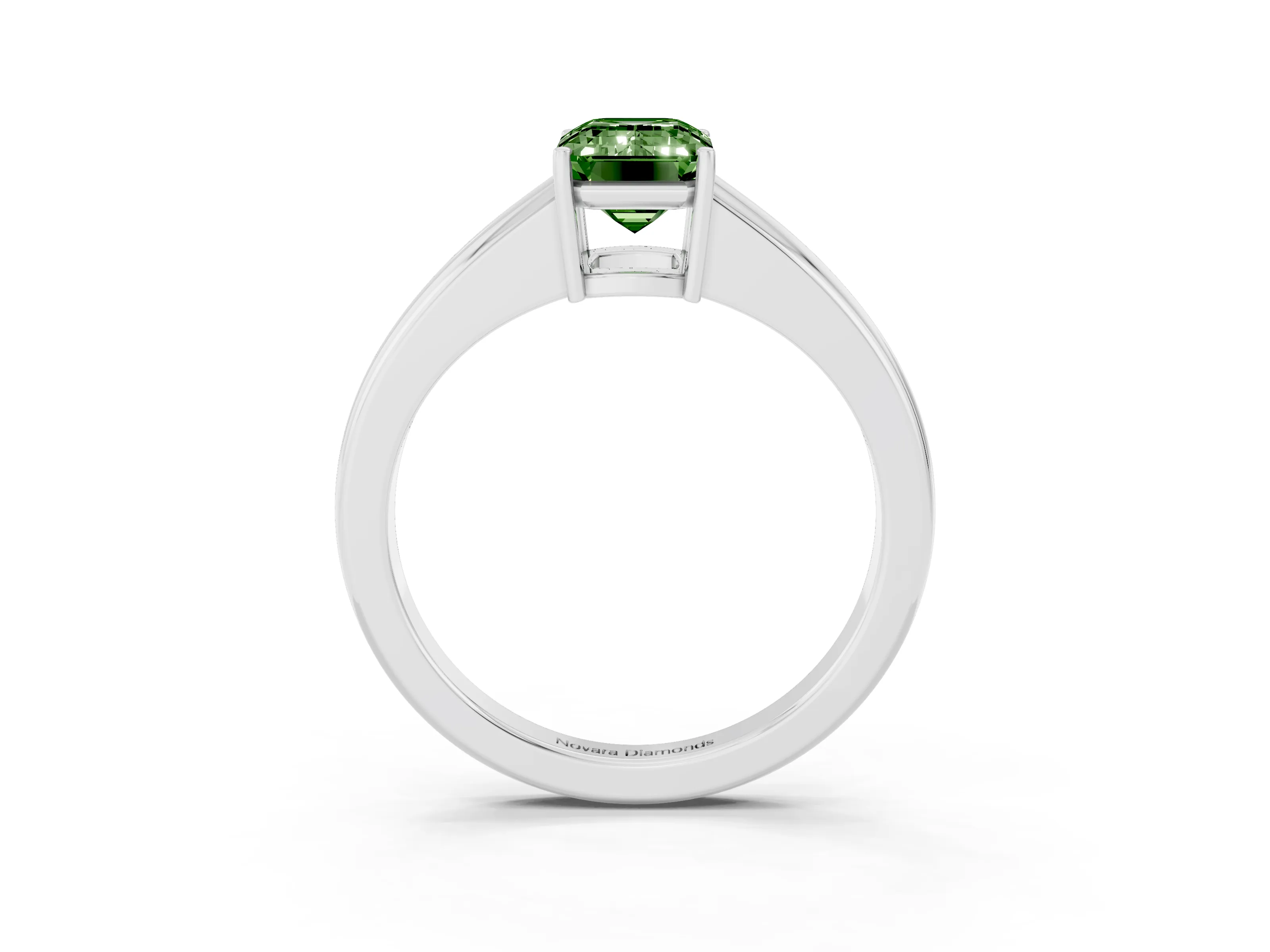 Fancy Green Emerald Cut Diamond Solitaire Ring Set in White gold with Tapered Band and Prong Setting