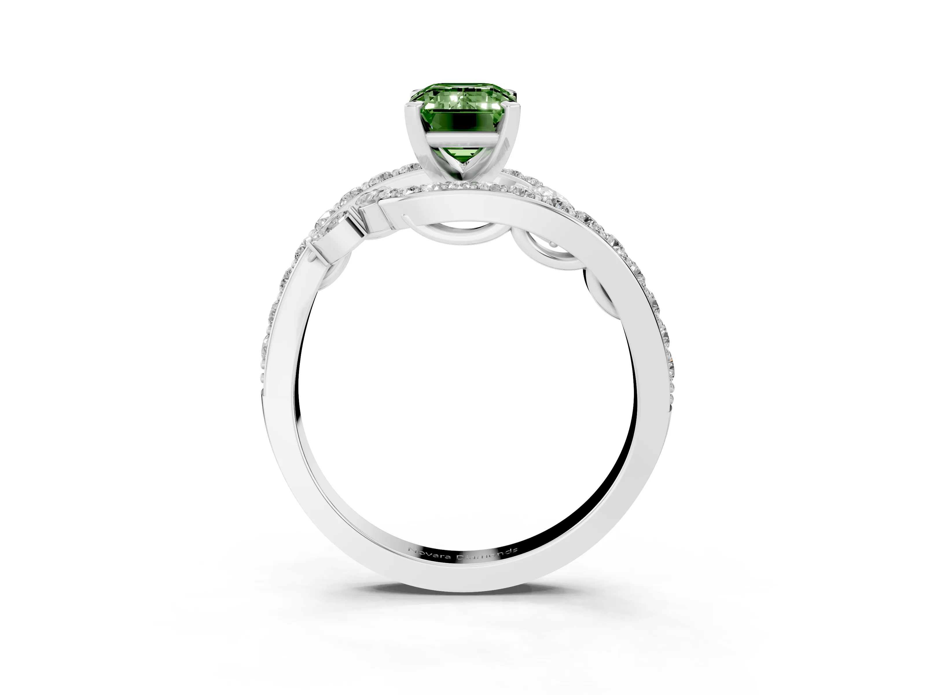 Fancy Green Emerald Cut Diamond Solitaire Ring Set in Platinum with Pavé Twist Band and Secure Prong Setting