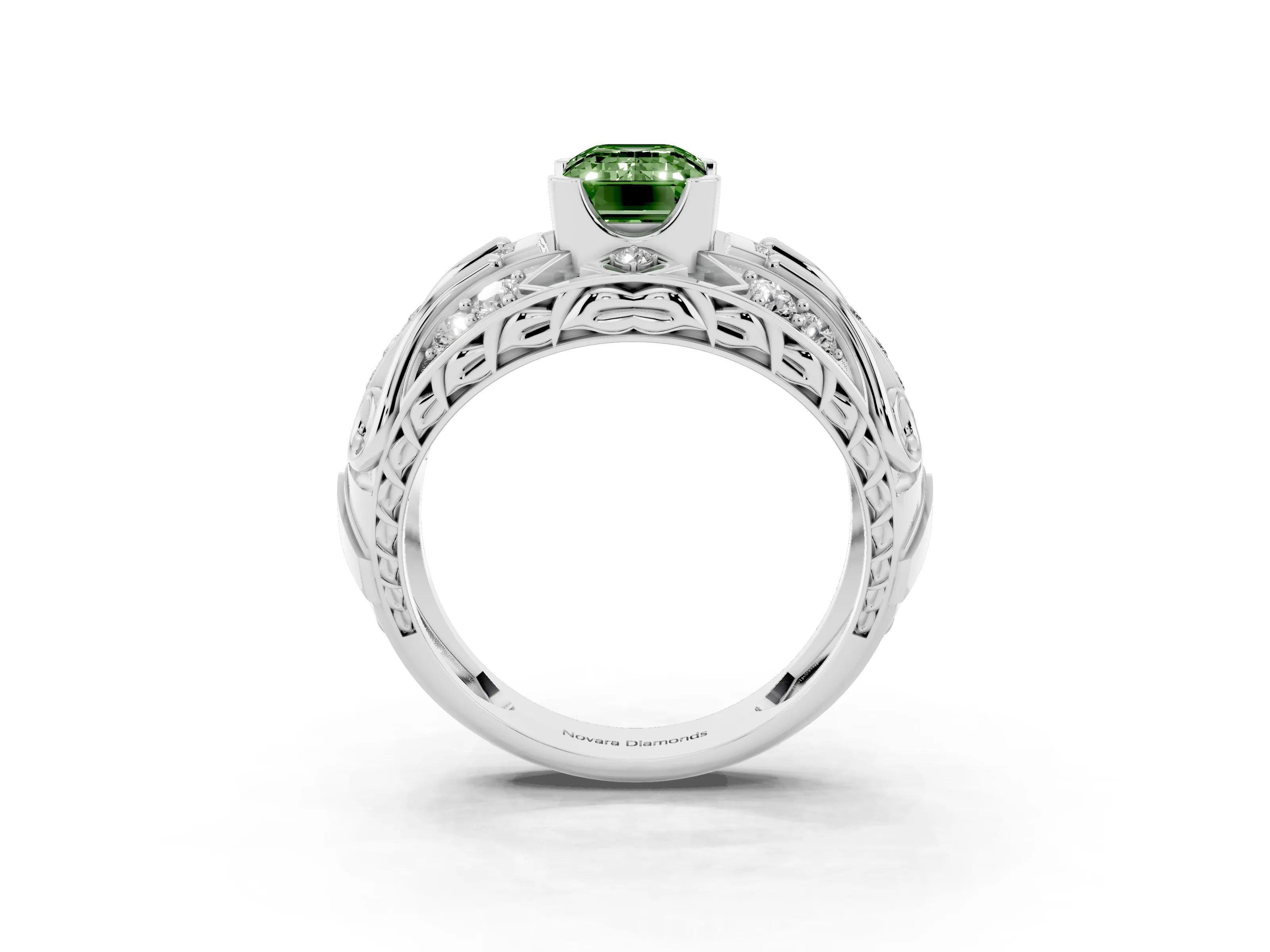 Fancy Green Emerald Cut Diamond Art Deco Ring Set in Platinum with Pavé Split Shank