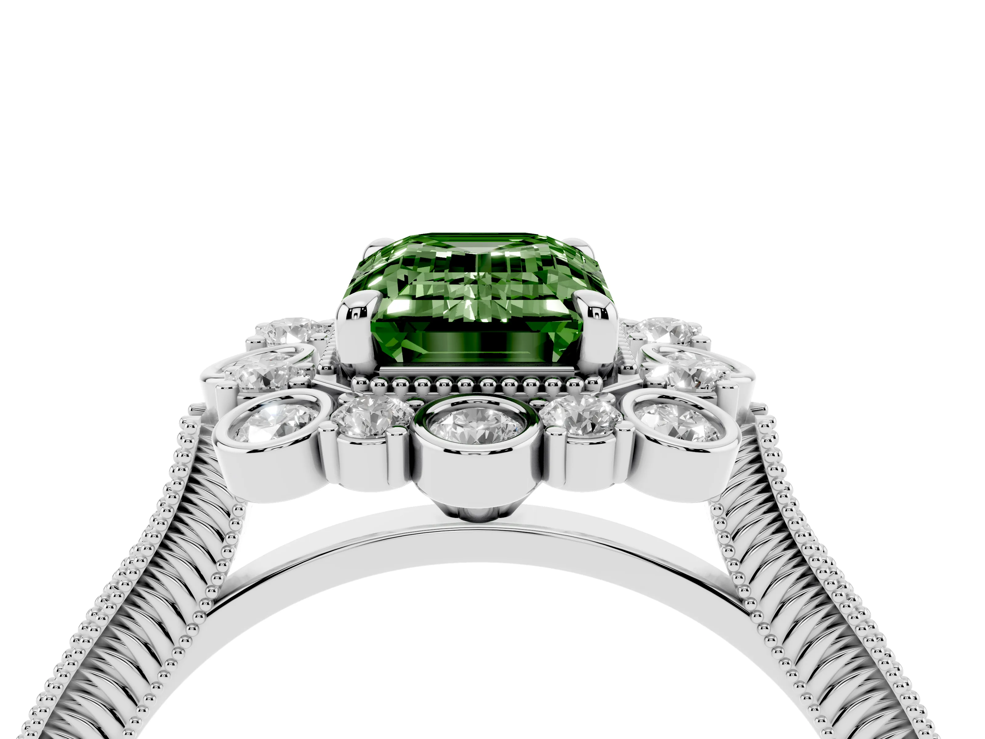 Fancy Green Emerald Cut Diamond Halo Milgrain Pavé Ring Set in White gold with Prong Setting