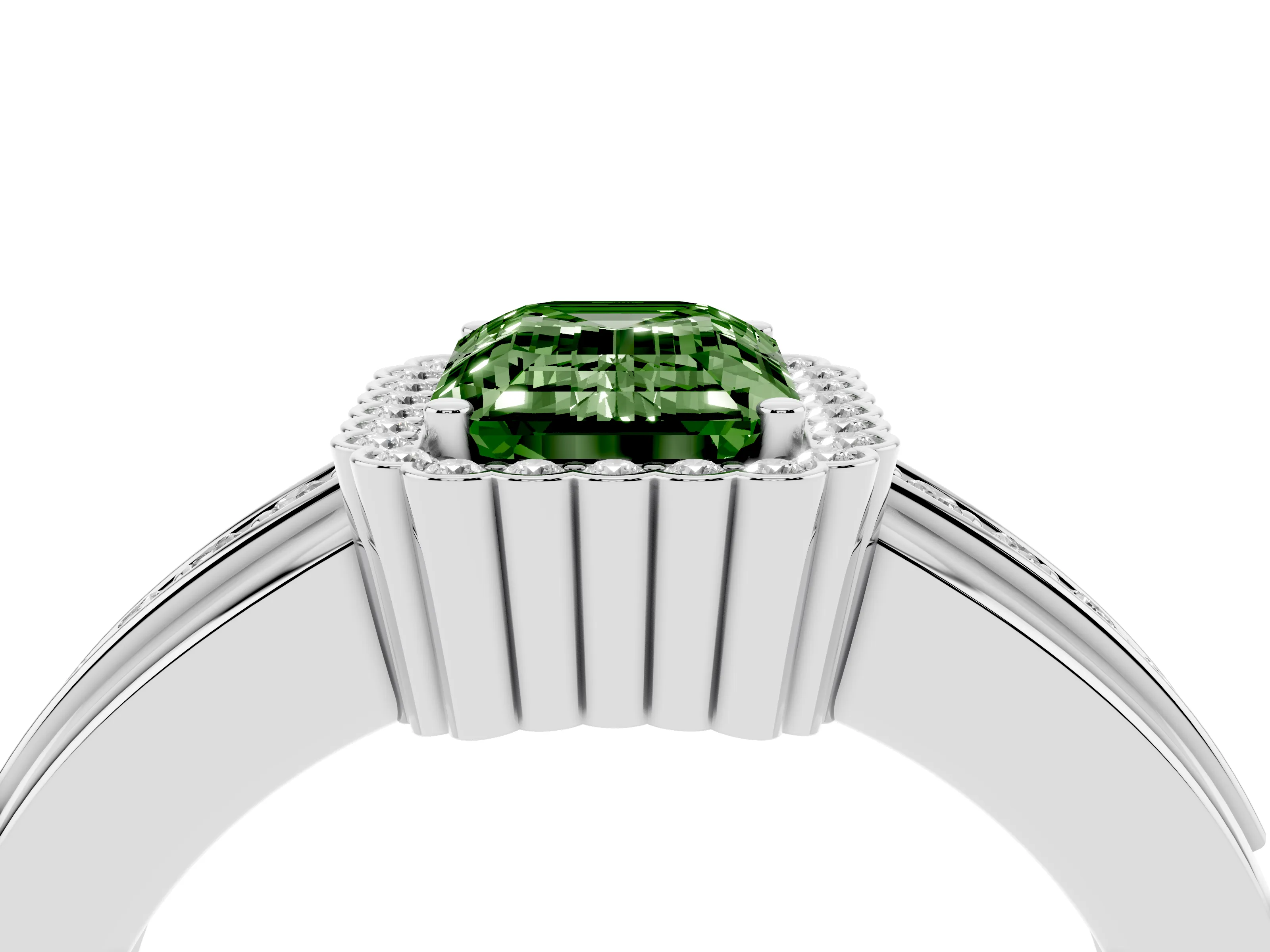 Fancy Green Emerald Cut Diamond Halo Prong Ring Set in Silver with Pavé Band