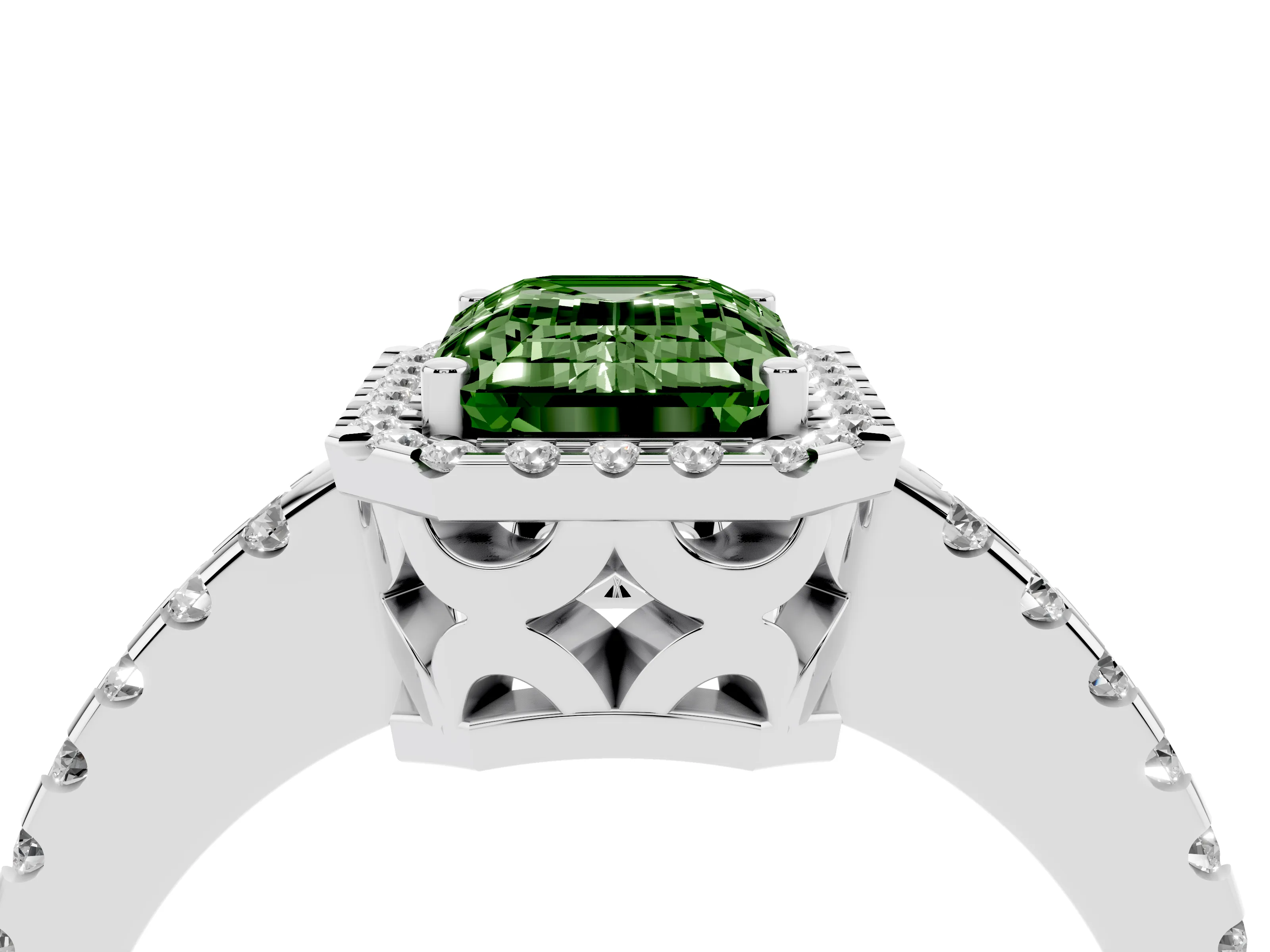 Fancy Green Emerald Cut Diamond Halo Ring Set in White gold with Pavé Shoulders and Halo-Framed Center