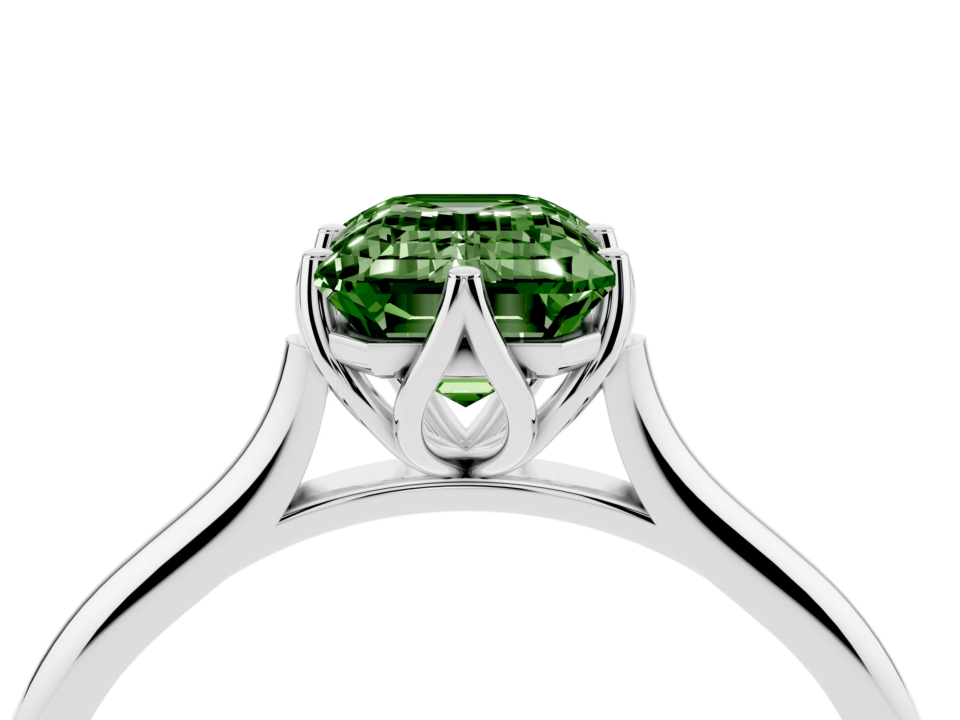 Fancy Green Emerald Cut Diamond Solitaire Cathedral Ring Set in Silver with Prong Setting