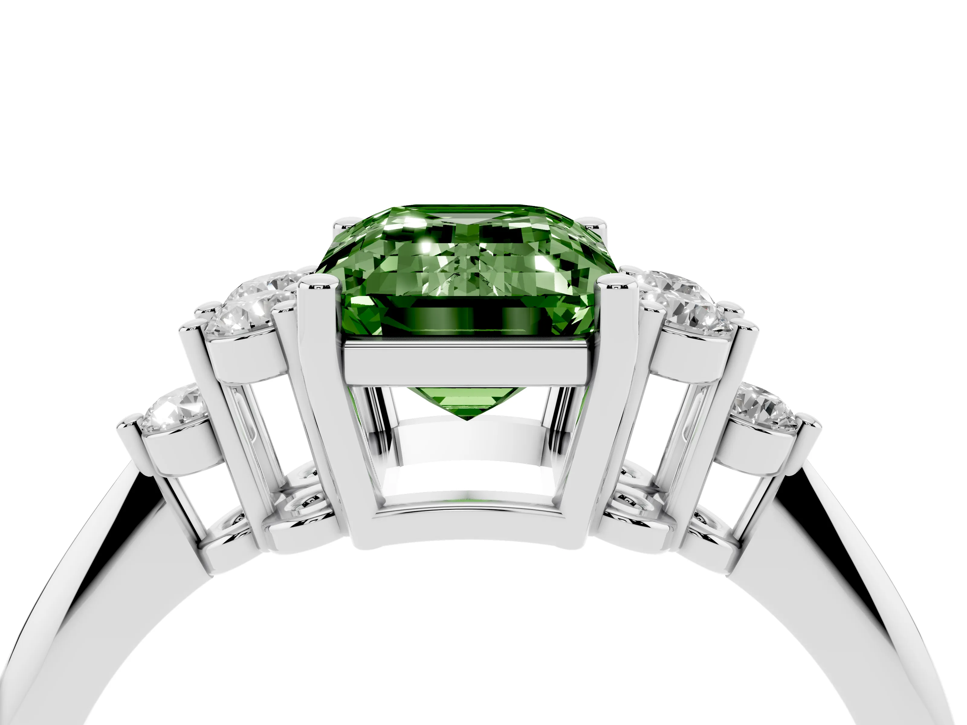 Fancy Green Emerald Cut Diamond Cluster Ring Set in Silver with Plain Band and Prong Setting