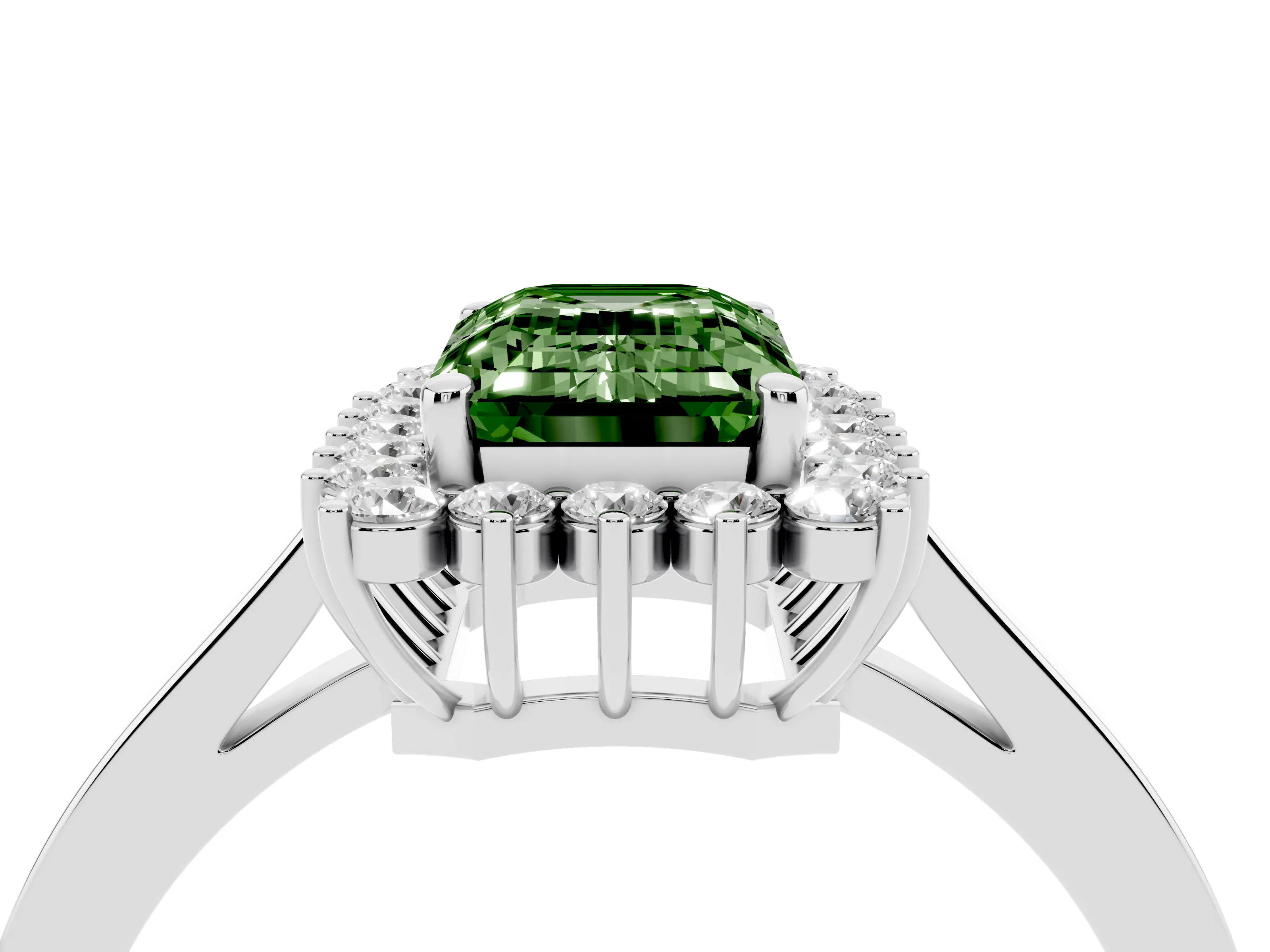 Fancy Green Emerald Cut Diamond Halo Ring Set in Platinum with Round Halo and Smooth Solitaire Band