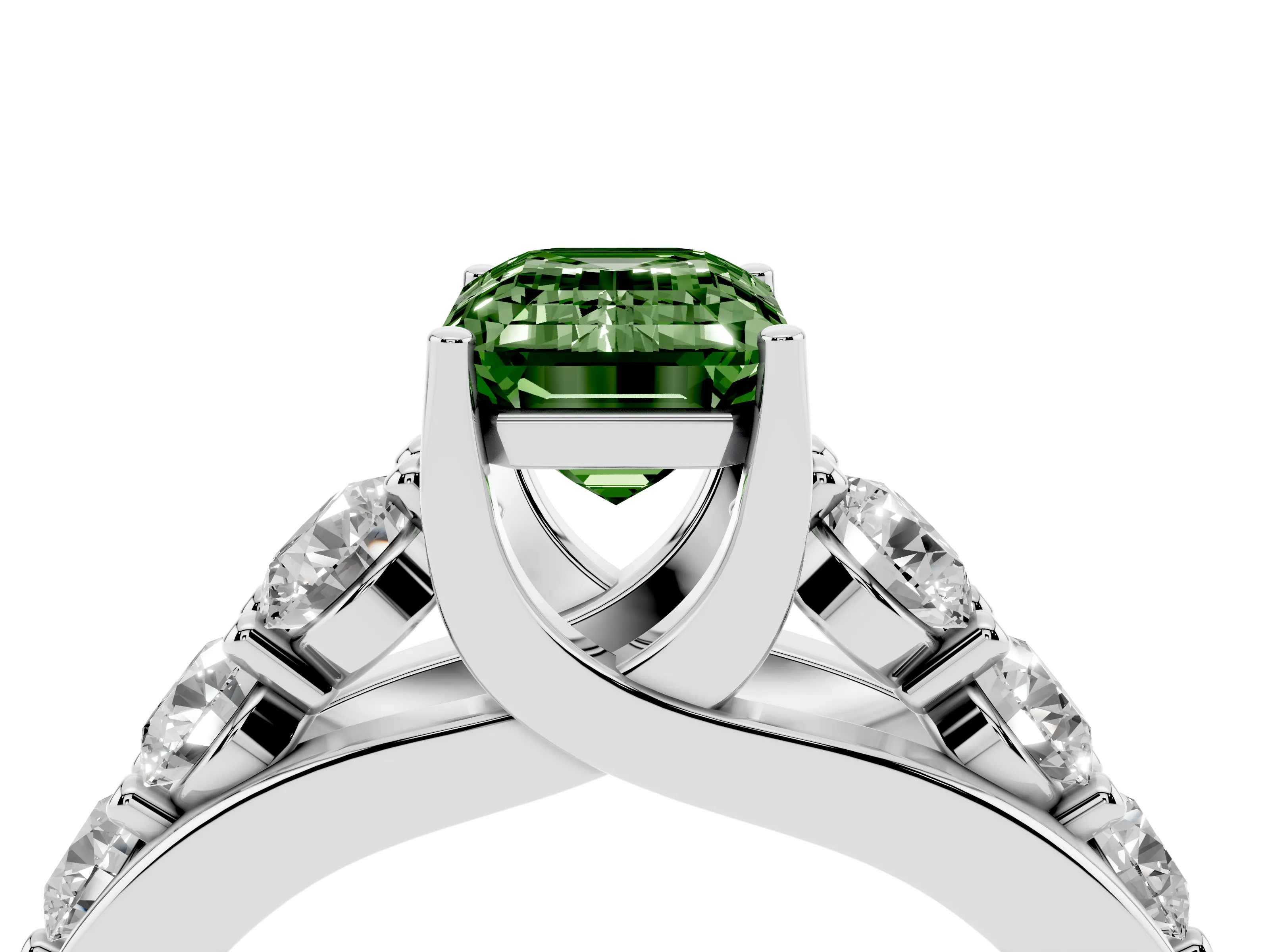 Fancy Green Emerald Cut Diamond Pavé Engagement Ring Set in White gold with Prong Setting