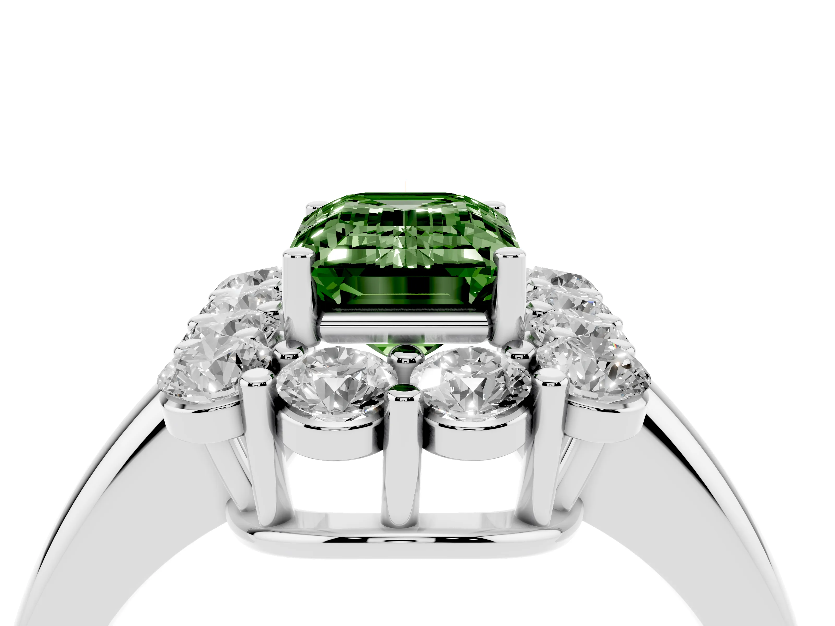 Fancy Green Emerald Cut Diamond Halo Cluster Engagement Ring Set in Silver with Polished Band and Prong Setting