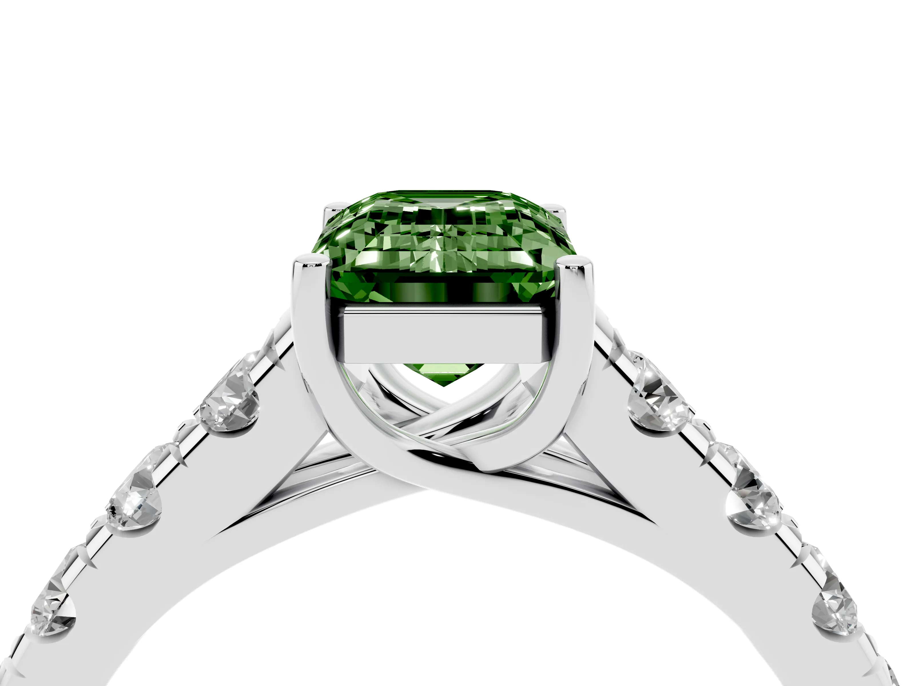 Fancy Green Emerald Cut Diamond Solitaire Ring Set in Silver with Cut-Down Micro Pavé Band and Prong Setting