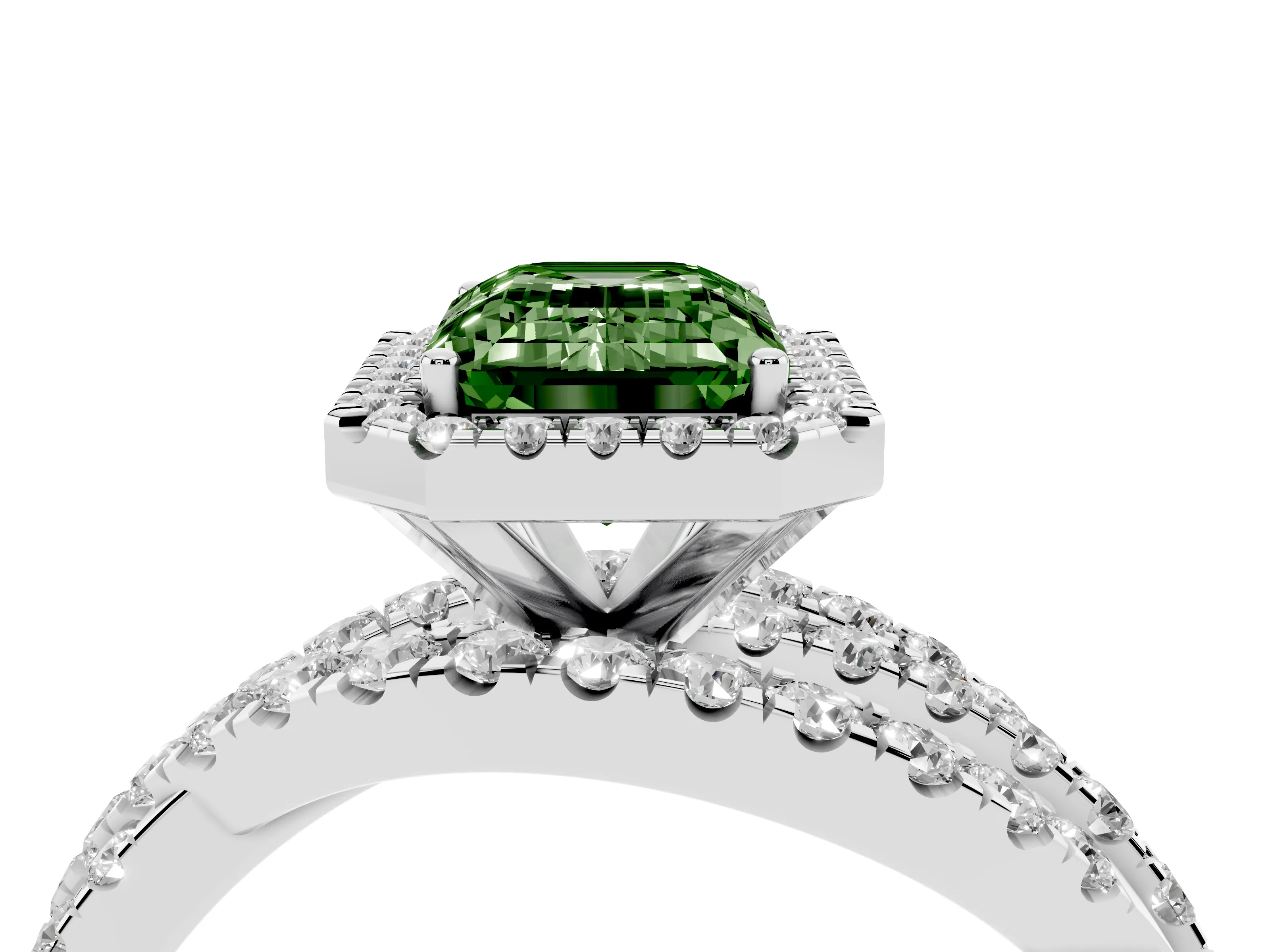 Fancy Green Emerald Cut Diamond Halo Ring Set in Silver with Round Crossover Split Shank and Prong Setting