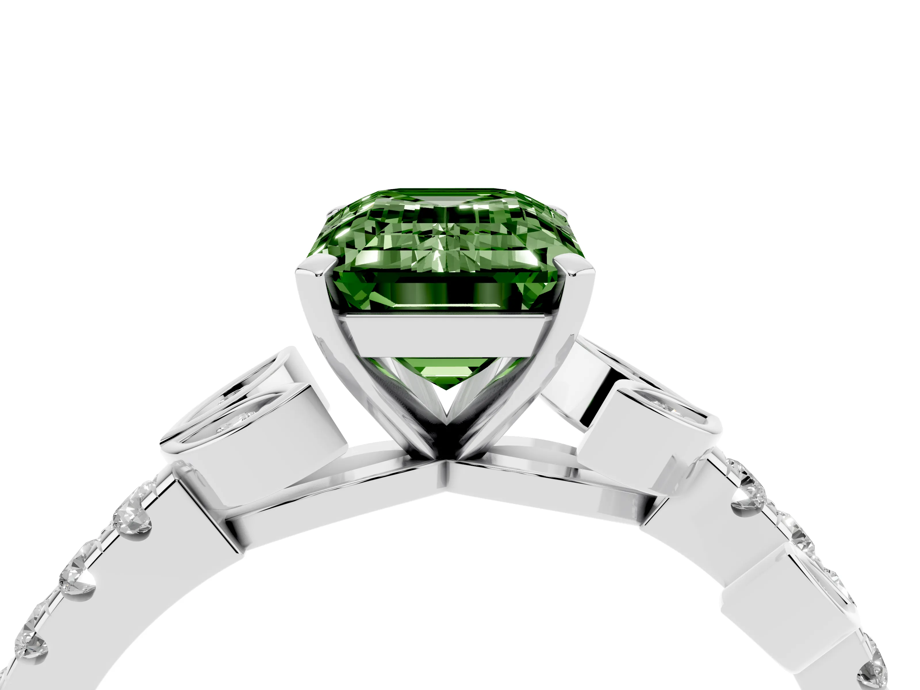 Fancy Green Emerald Cut Diamond Solitaire Leaf-Inspired Ring Set in Silver with Pavé Band and Prong Setting
