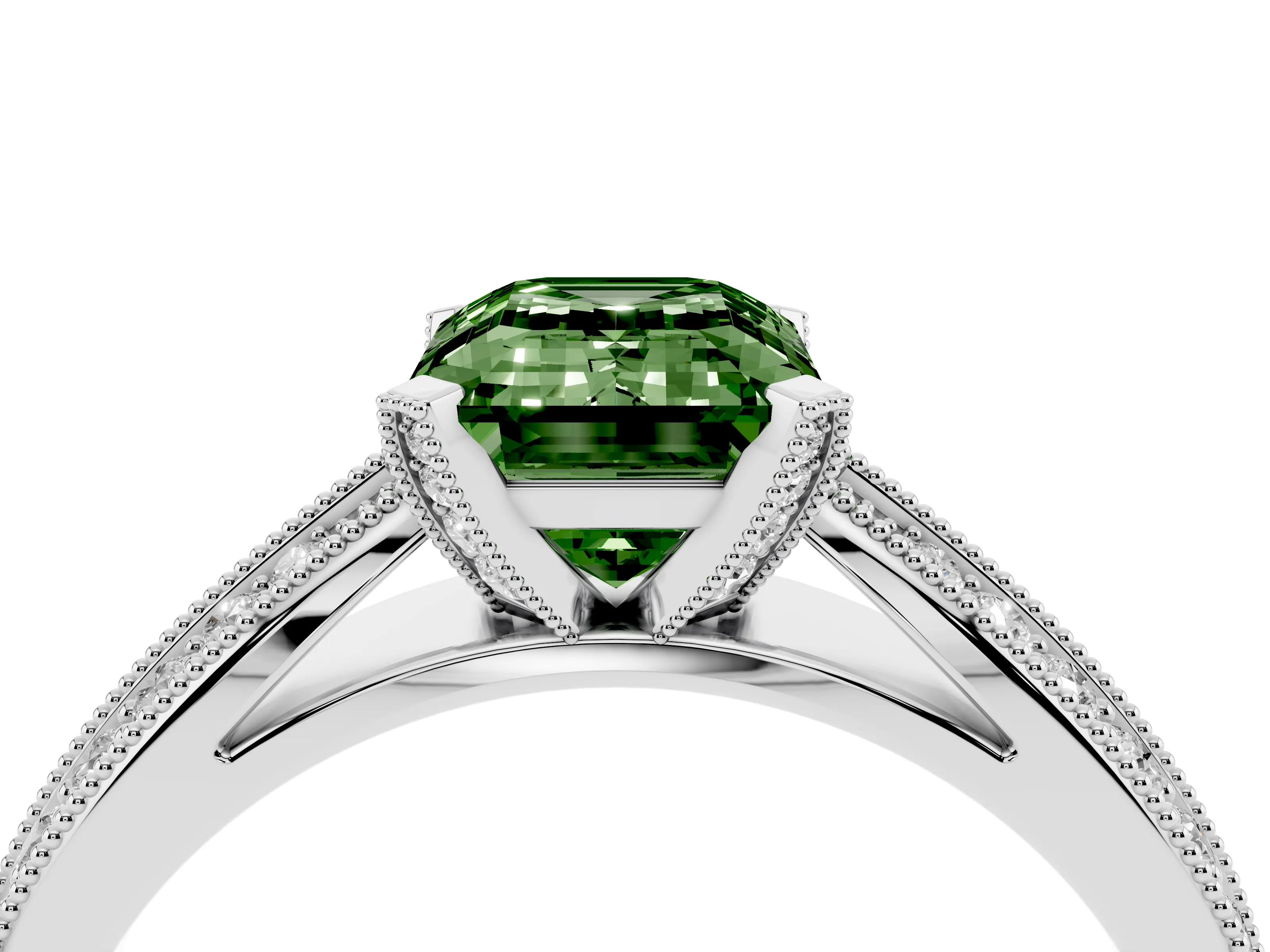 Fancy Green Emerald Cut Diamond Solitaire Ring Set in Platinum with Milgrain Double Row Round Pavé Band